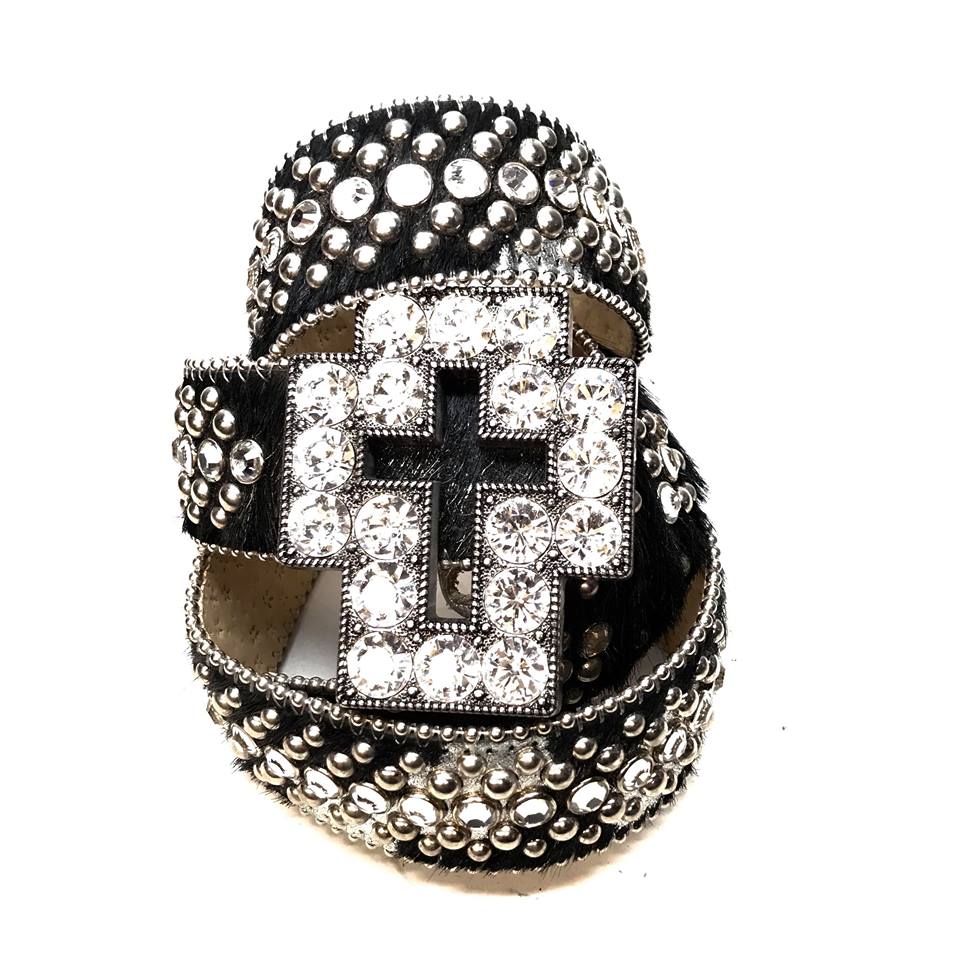 b.b. Simon Black Studded Pony Hair Cross Crystal Belt - Image 3