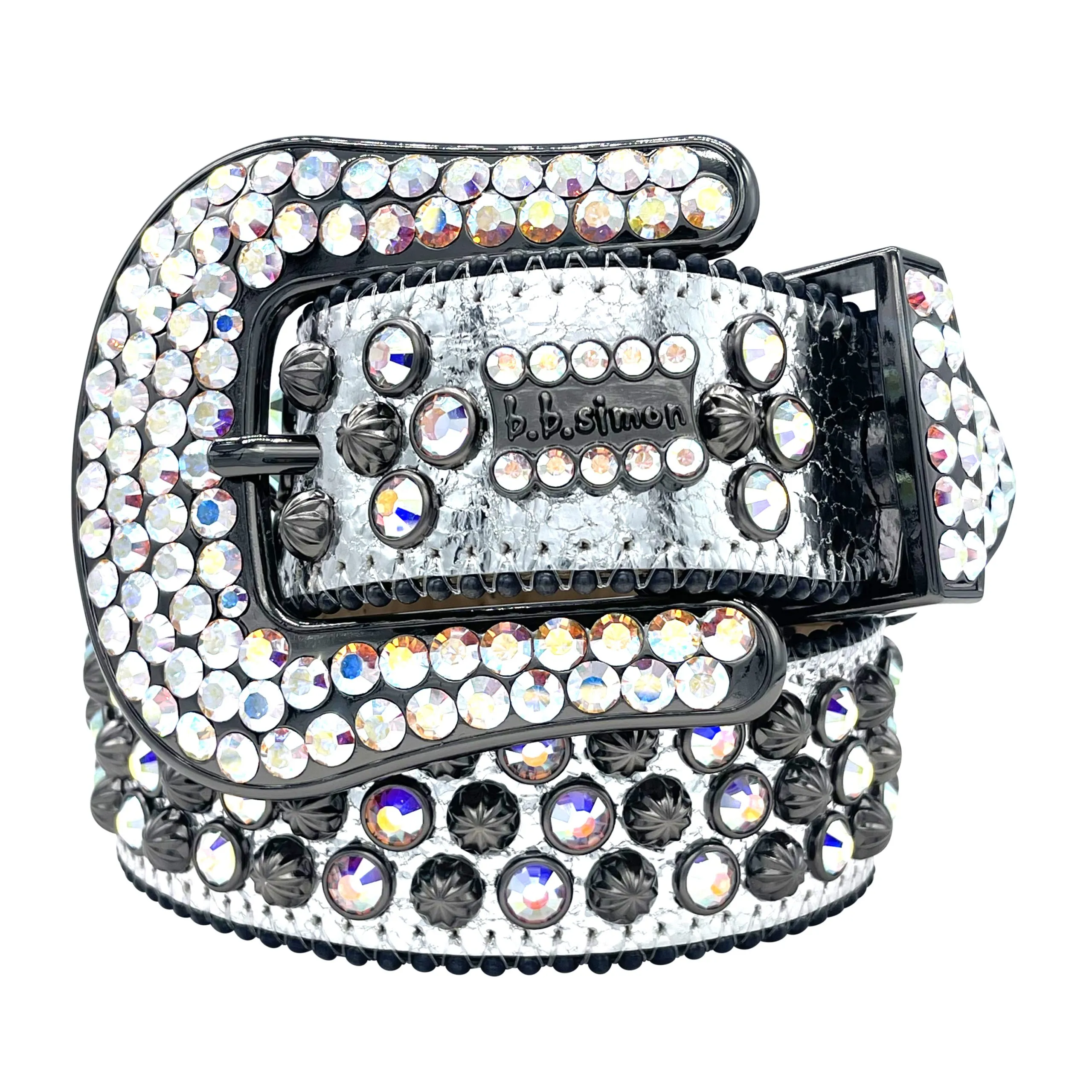 b.b. Simon Chrome Silver 3-Row Studded Crystal Belt