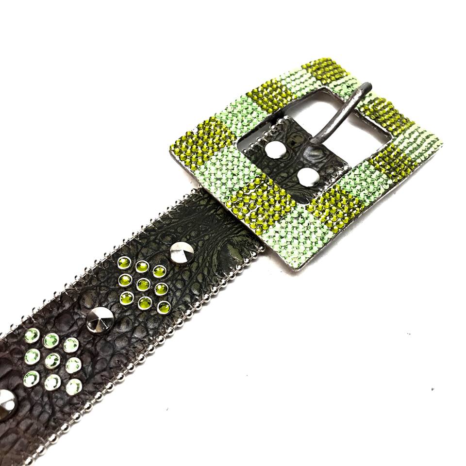 b.b. Simon Green Studded Leather Fully Loaded Big Block Crystal Belt - Image 3