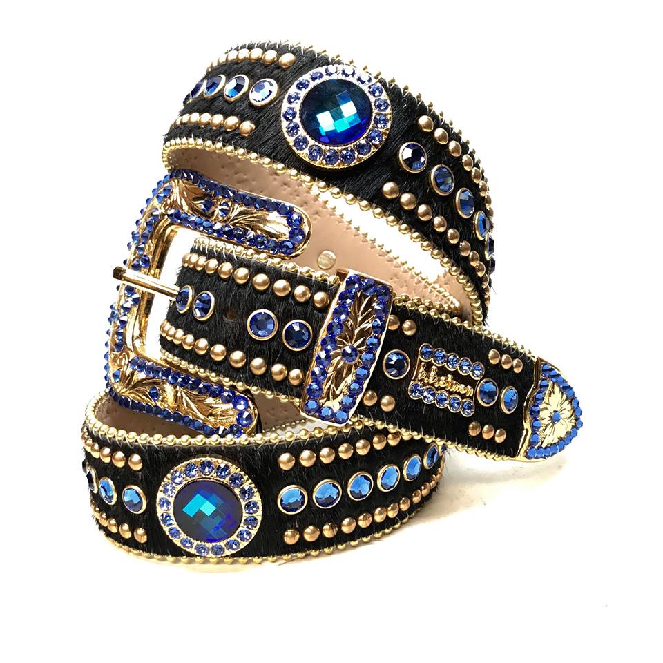 b.b. Simon Royal Blue/Gold/Black Studded Pony Hair Swarovski Crystal Belt - Image 5
