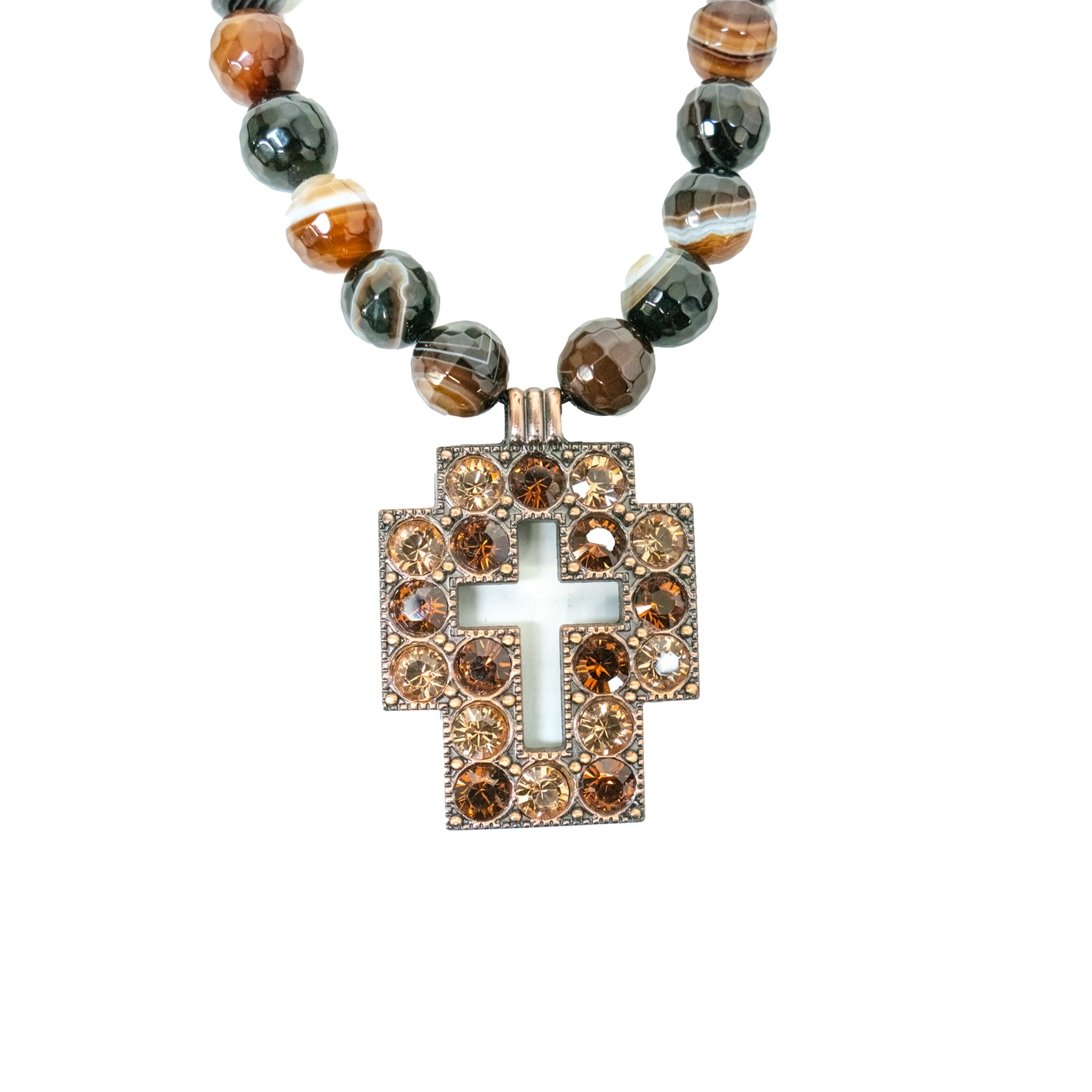 b.b. Simon Square Cross Necklace-Brown Beads
