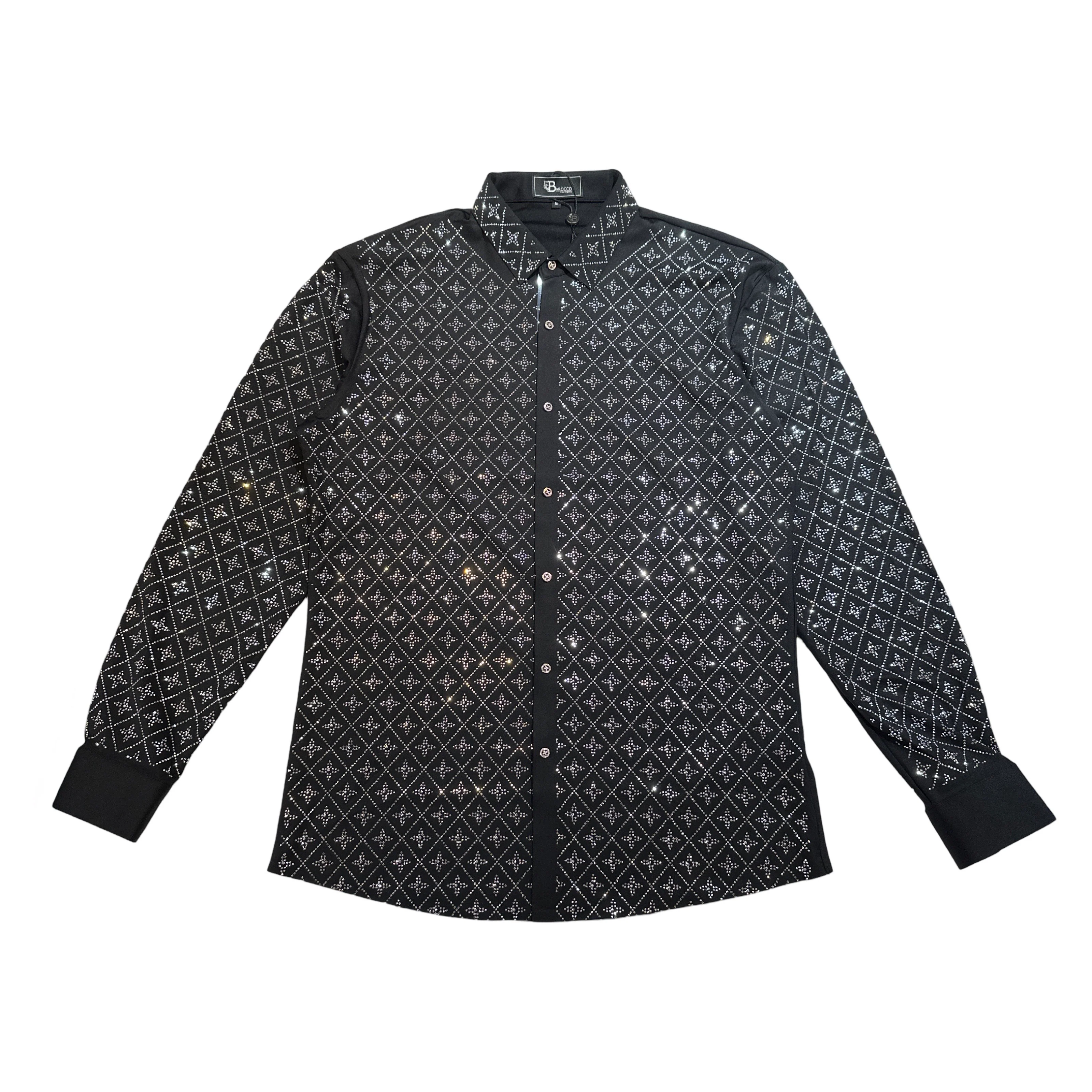 Barocco Black Crystal Silver Star Button Up Shirt
