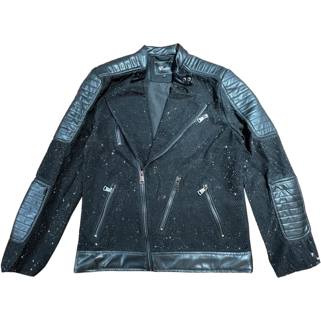 Barocco Men's Moto Black Fully Loaded Crystal Biker Jacket - Image 3
