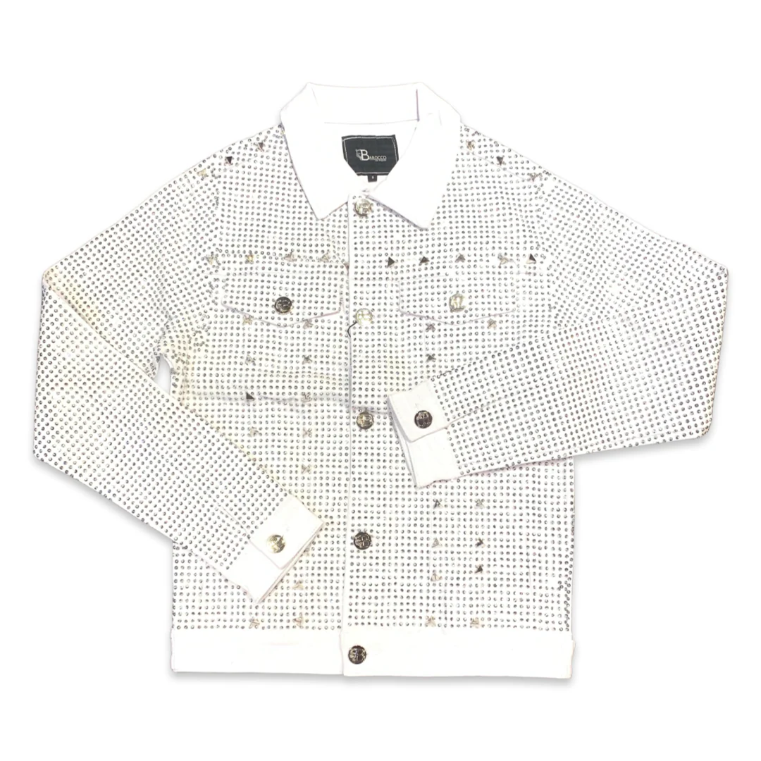 Barocco Men's White Fully Loaded Crystal Spiked Jean Jacket - Image 2
