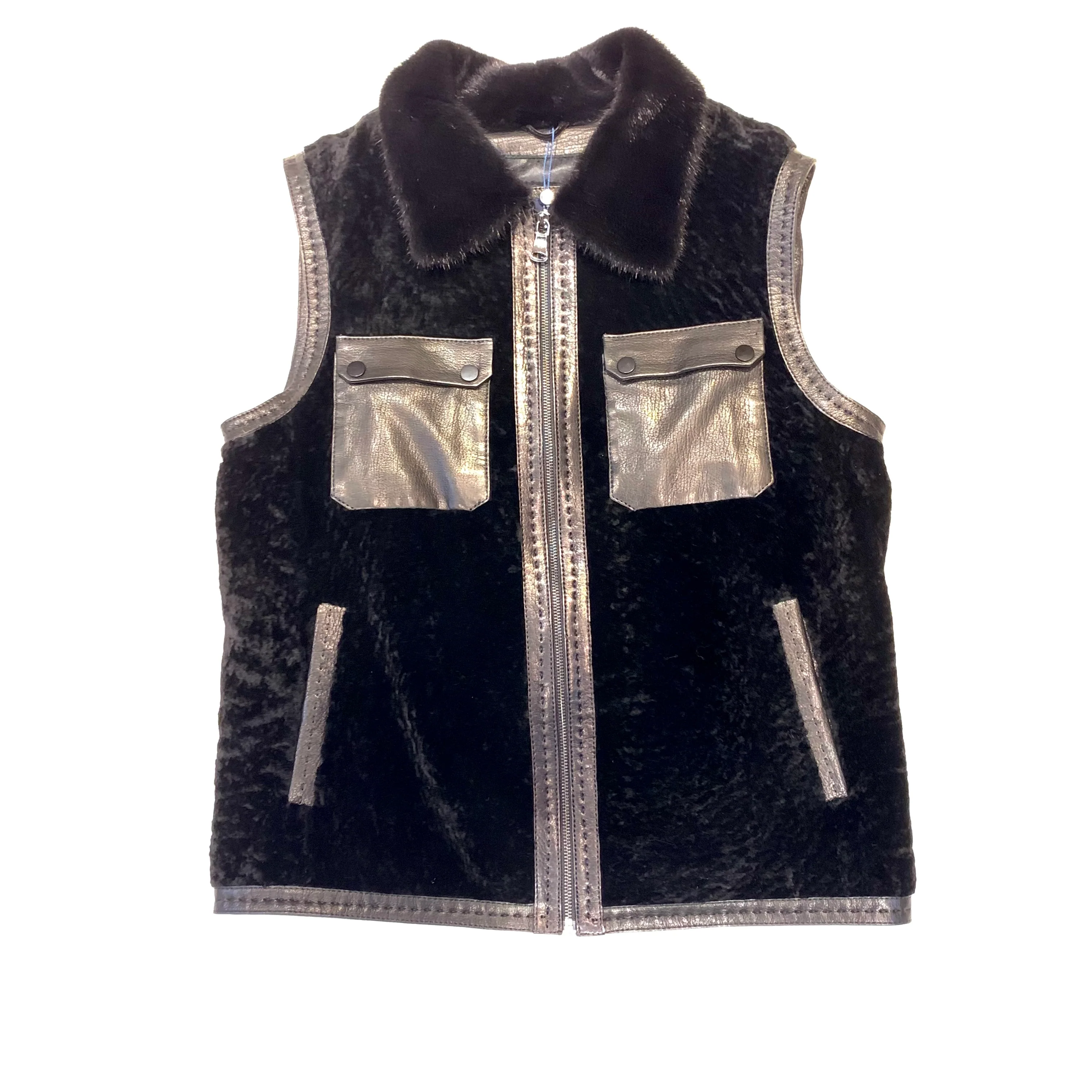 Barya NewYork Black Double Pocket Astrakhan Lambskin Vest