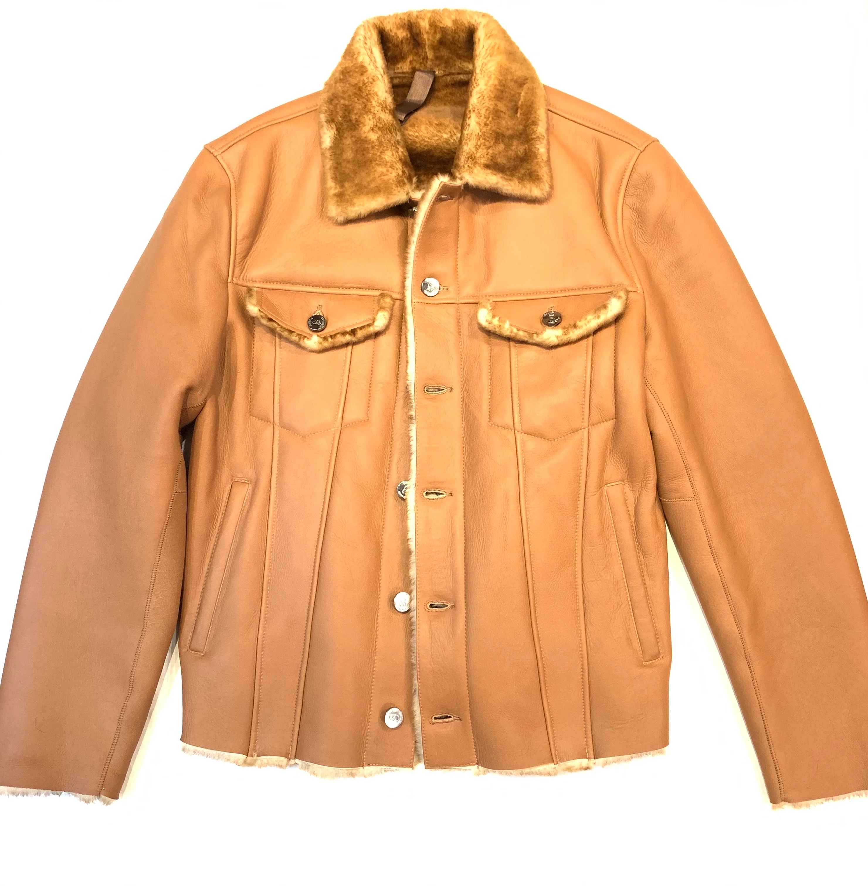 Barya NewYork Cognac Button Up Shearling Jacket - Image 3