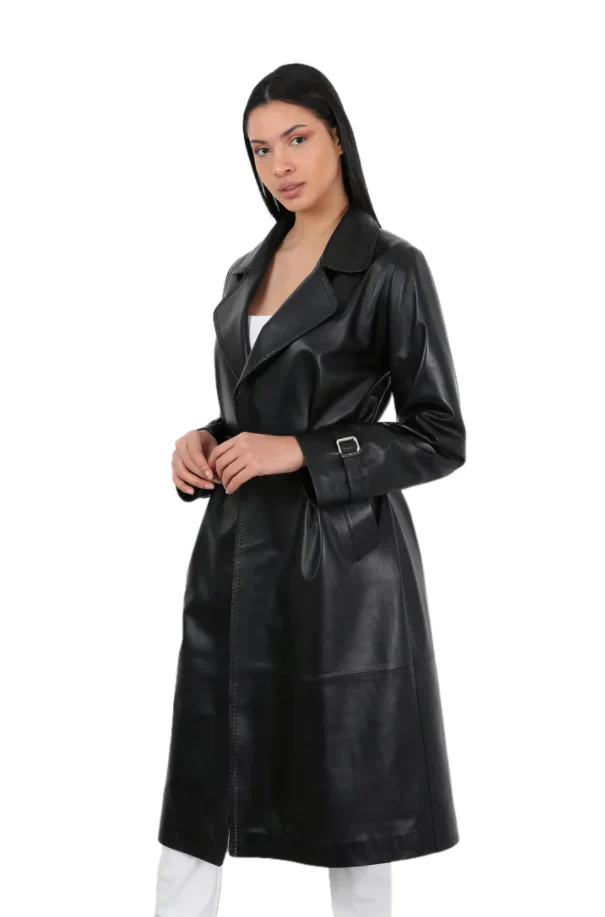 Barya NewYork Ladies Black Soft Lambskin Double Breasted Belted Trench Coat - Image 3