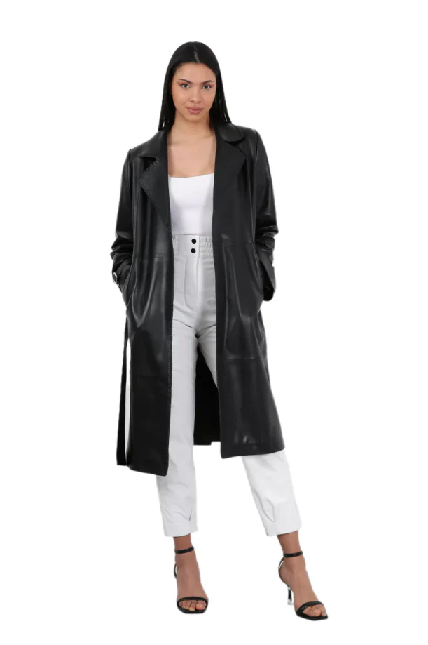 Barya NewYork Ladies Black Soft Lambskin Double Breasted Belted Trench Coat - Image 4