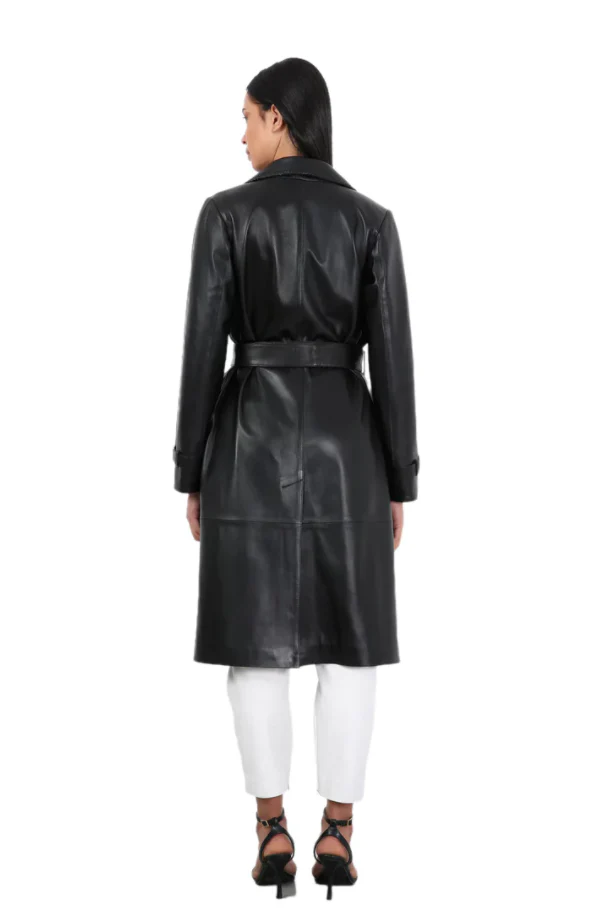 Barya NewYork Ladies Black Soft Lambskin Double Breasted Belted Trench Coat - Image 5