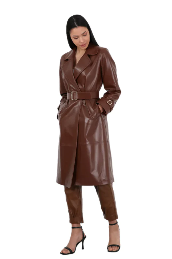 Barya NewYork Ladies Brown Soft Lambskin Double Breasted Belted Trench Coat - Image 4