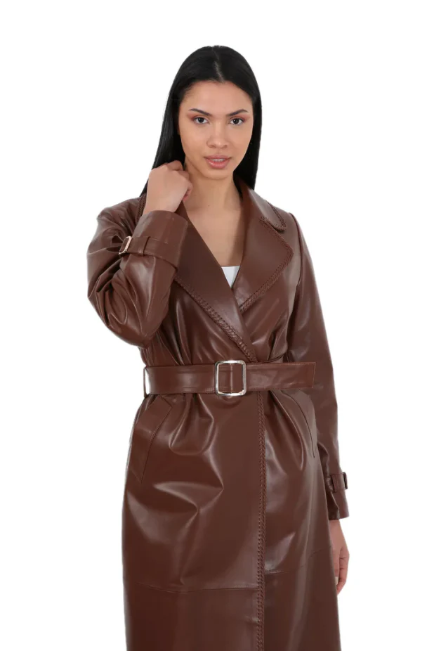 Barya NewYork Ladies Brown Soft Lambskin Double Breasted Belted Trench Coat - Image 6