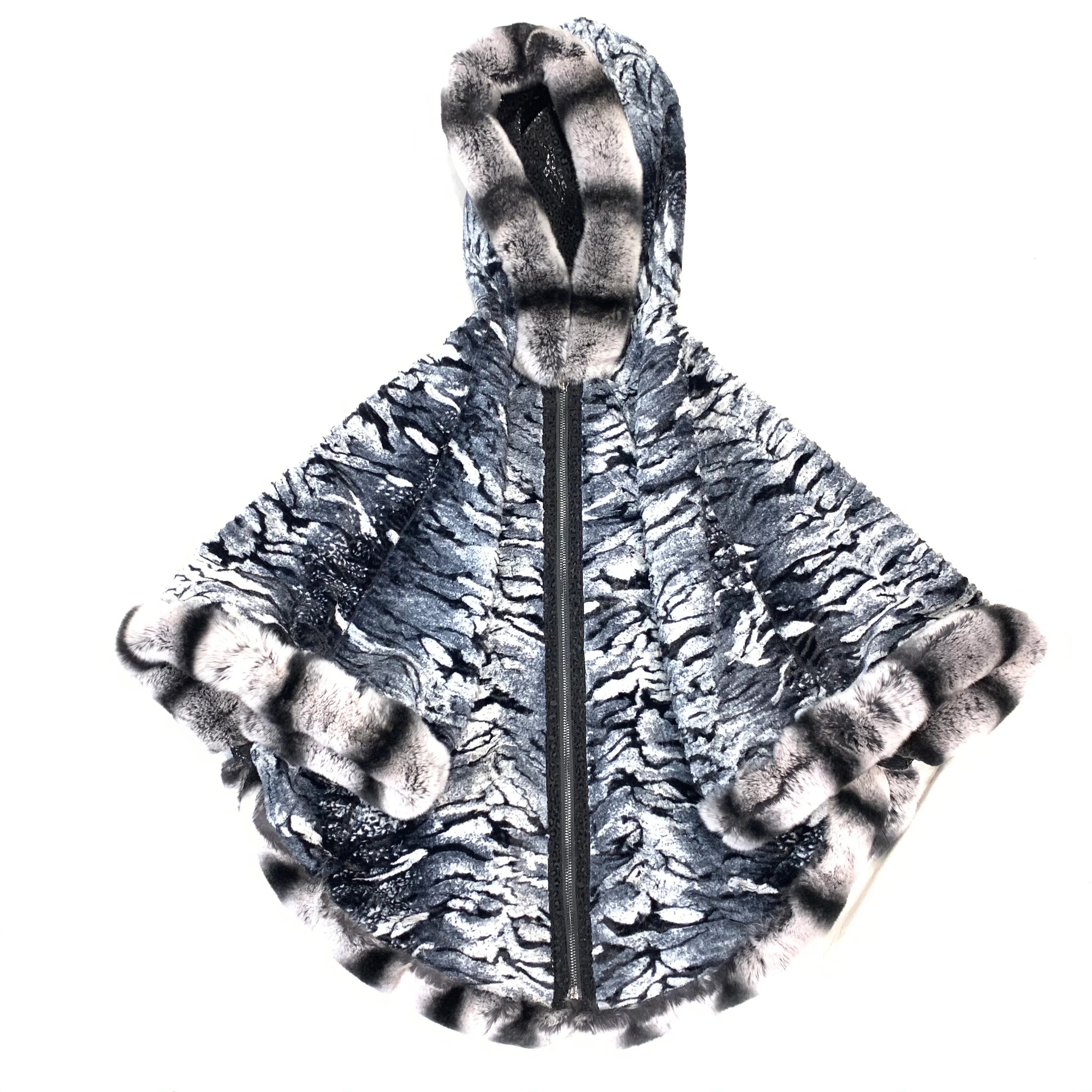 Barya NewYork Ladies Rex Rabbit Reversible Zipper Poncho