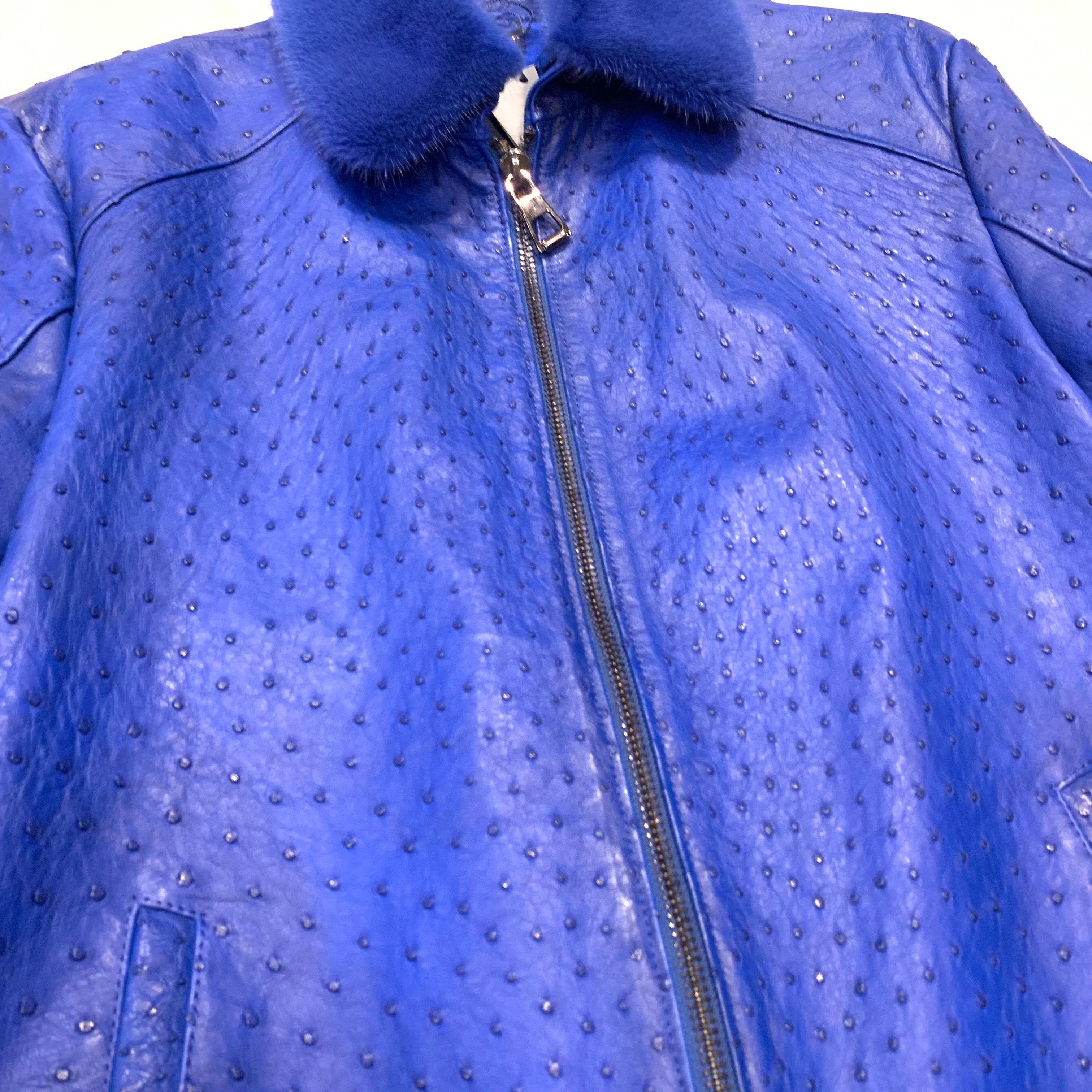Barya NewYork Royal Blue Full Ostrich Quill/Mink Collar Bomber Jacket - Image 3