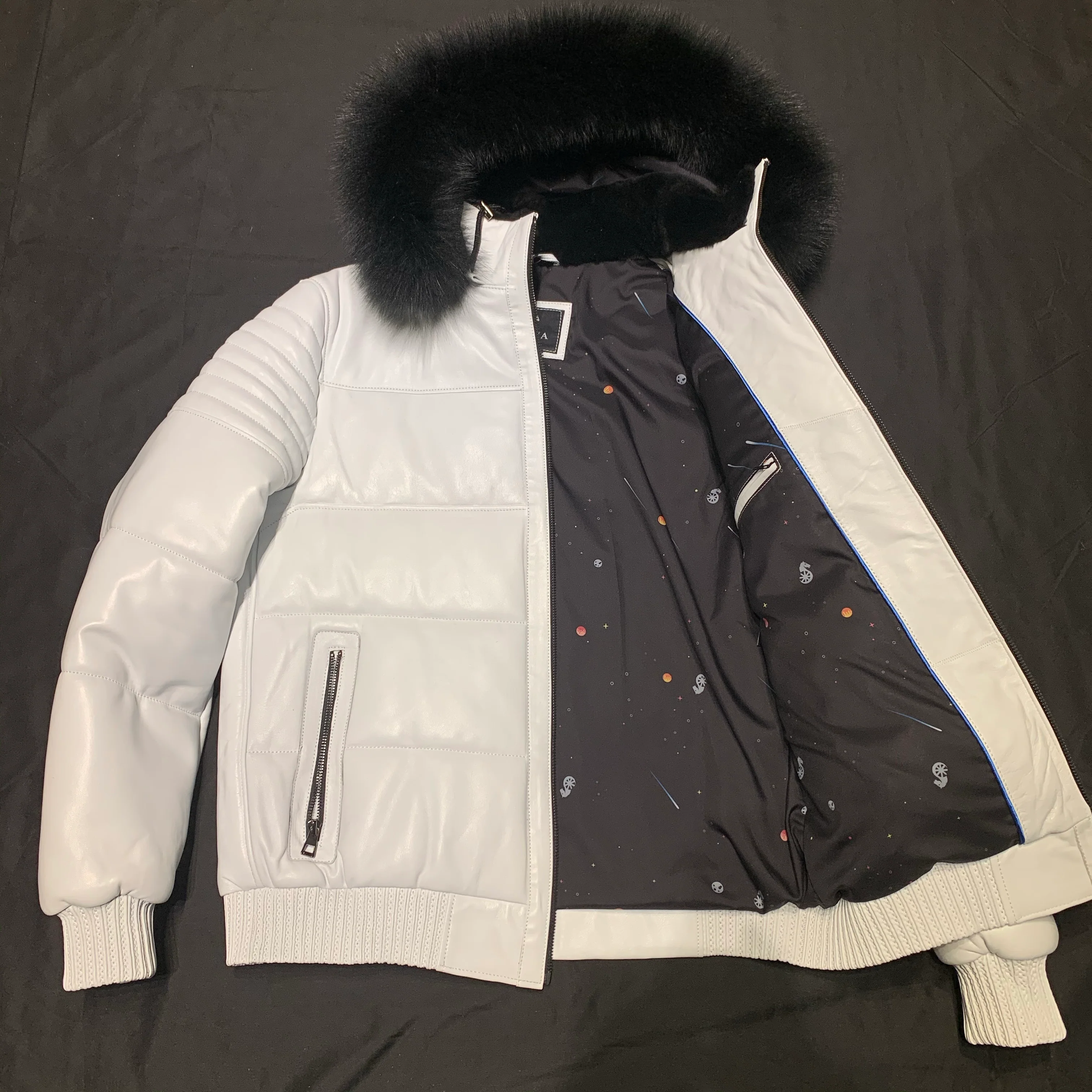 Barya NewYork White Quilted Lambskin Black Fox Fur Hooded Bomber Jacket - Image 4