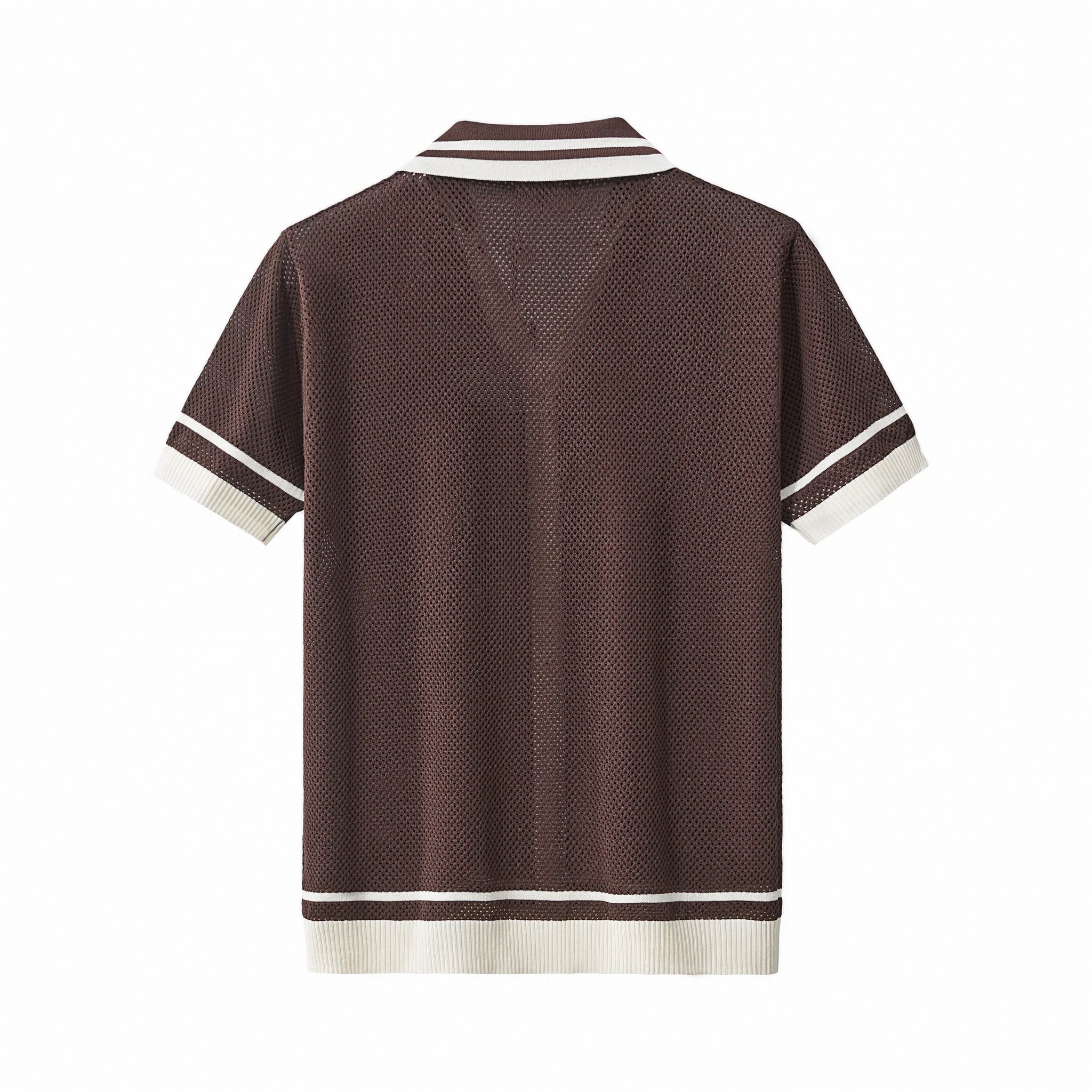 Contrast Trim Mesh Knit Button-Up COFFEE - Image 2