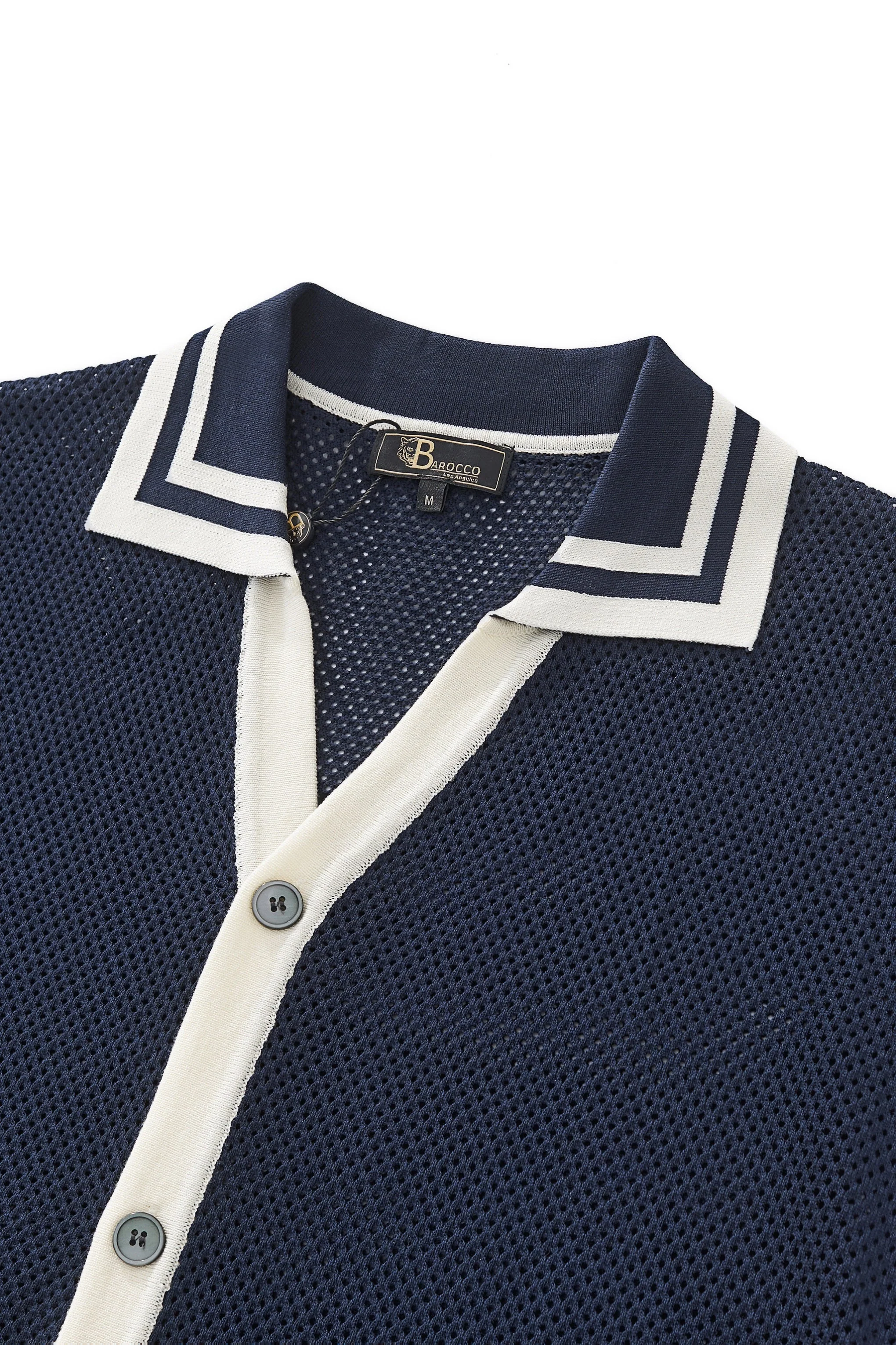Contrast Trim Mesh Knit Button-Up NAVY - Image 3