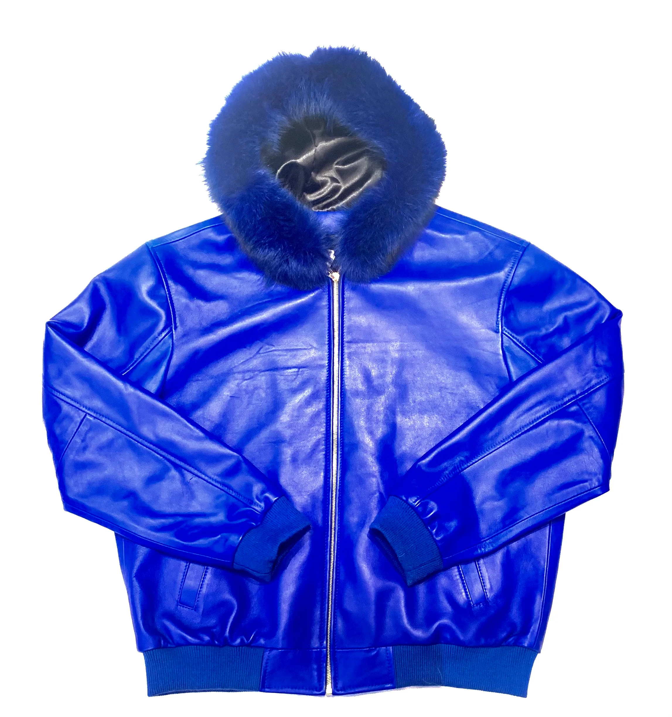 Kashani Royal Blue Lambskin Fox Hooded Bomber Jacket - Image 3