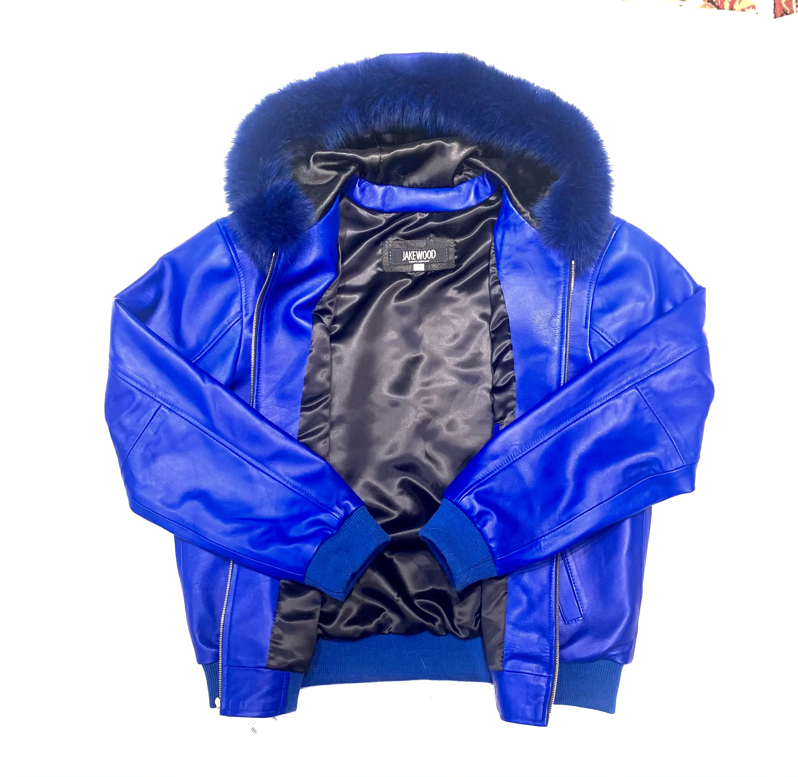 Kashani Royal Blue Lambskin Fox Hooded Bomber Jacket - Image 5