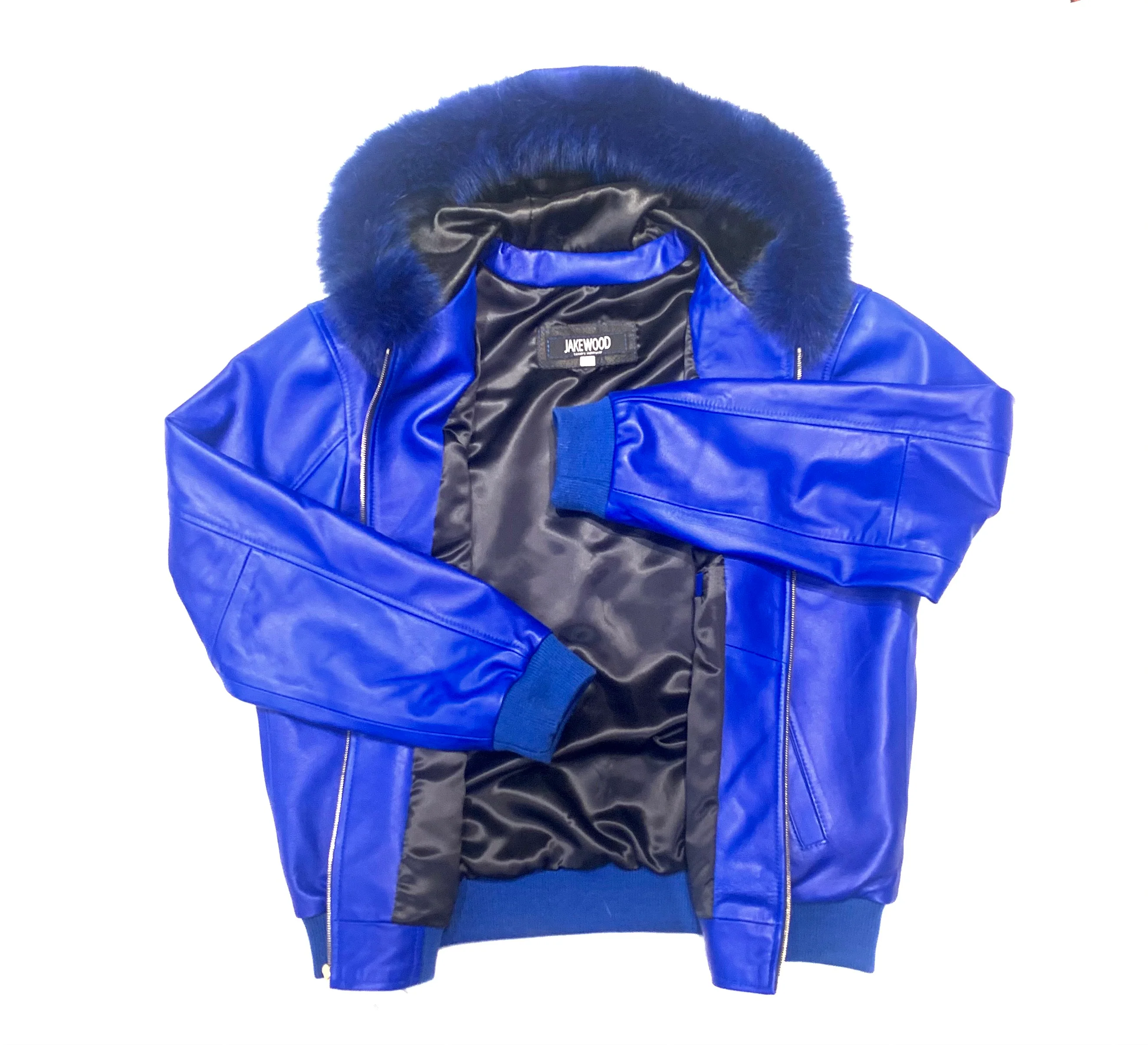 Kashani Royal Blue Lambskin Fox Hooded Bomber Jacket - Image 6