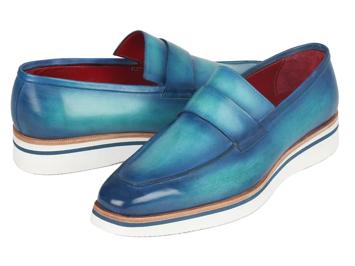 Paul Parkman Men's Loafer Blue & Turquoise Hand-Painted Leather Upper - Image 3