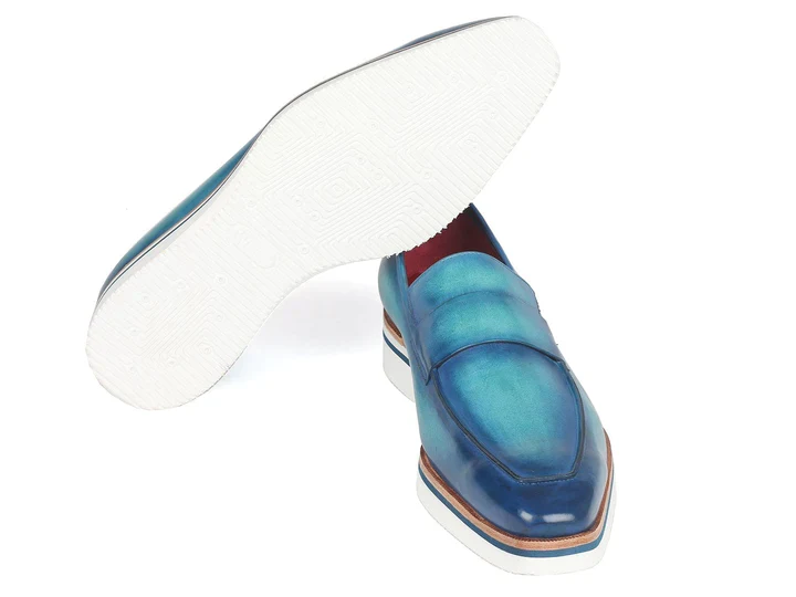 Paul Parkman Men's Loafer Blue & Turquoise Hand-Painted Leather Upper - Image 4