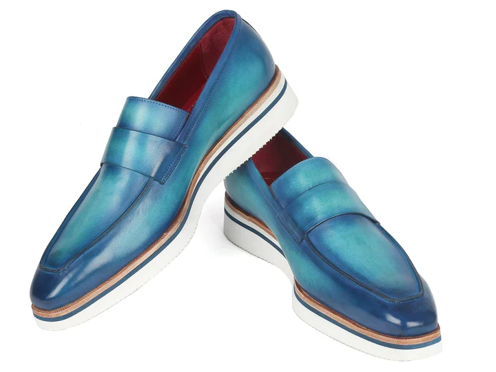 Paul Parkman Men's Loafer Blue & Turquoise Hand-Painted Leather Upper - Image 5