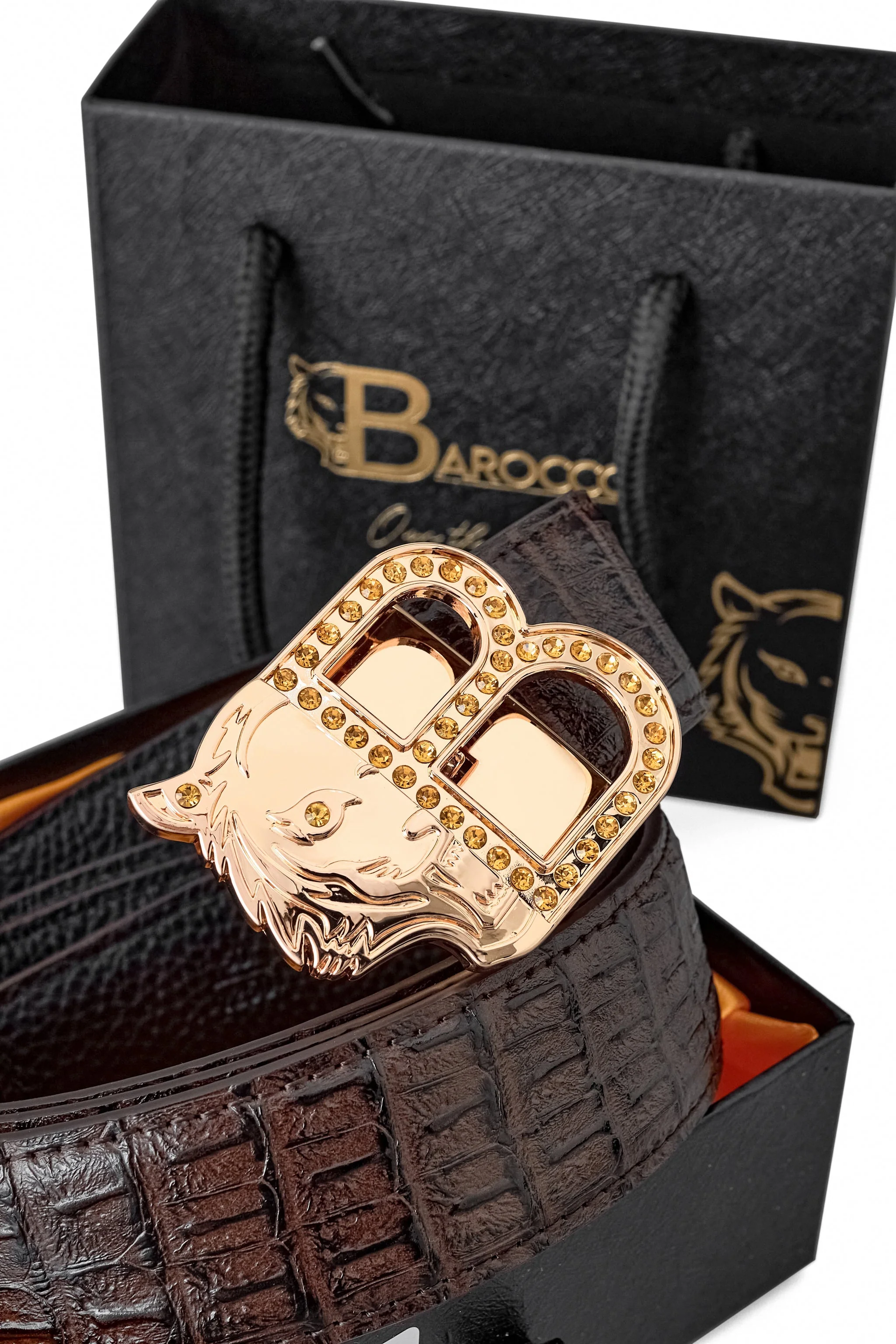 Croc-Embossed Leather Auto BKL Belt – Gold Edition GOLD/COFFEE - Image 2