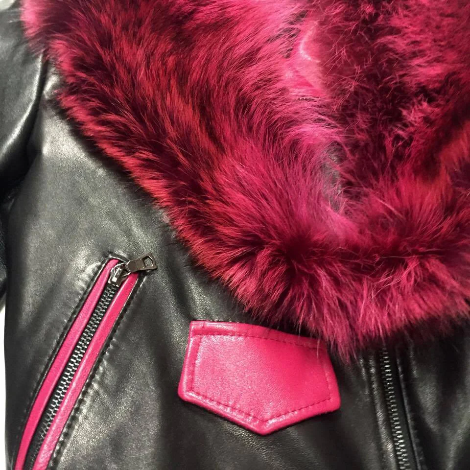 G-Gator Ladies Black & Pink Fox Collar Lambskin Biker Jacket - Image 4
