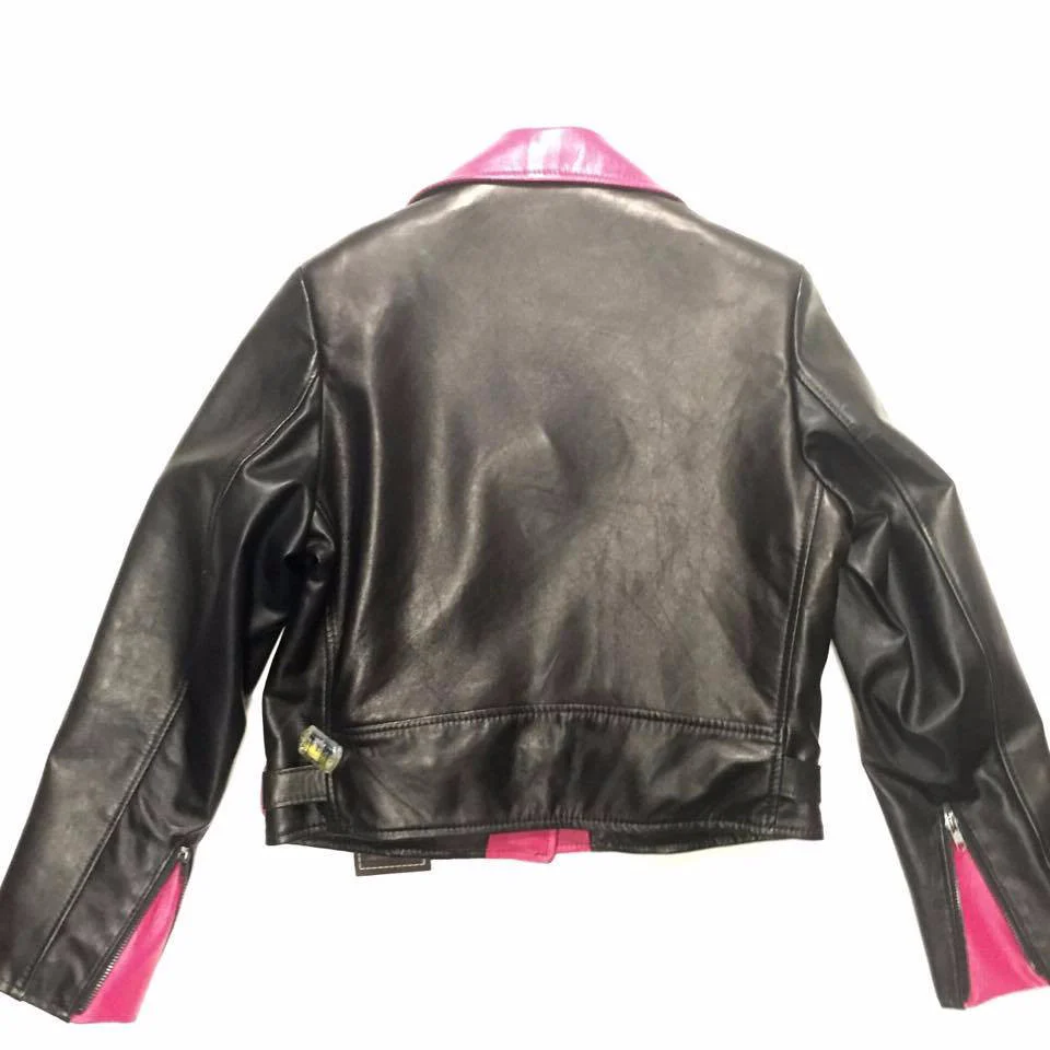 G-Gator Ladies Black & Pink Fox Collar Lambskin Biker Jacket - Image 5
