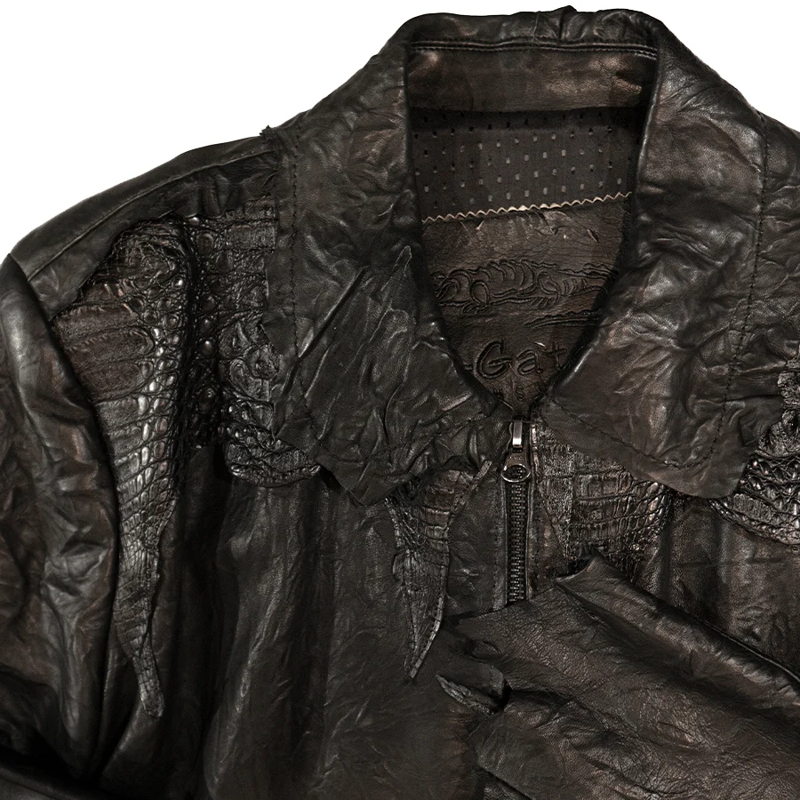 Kashani Jet Black Crocodile/Lambskin Bomber Jacket - Image 4