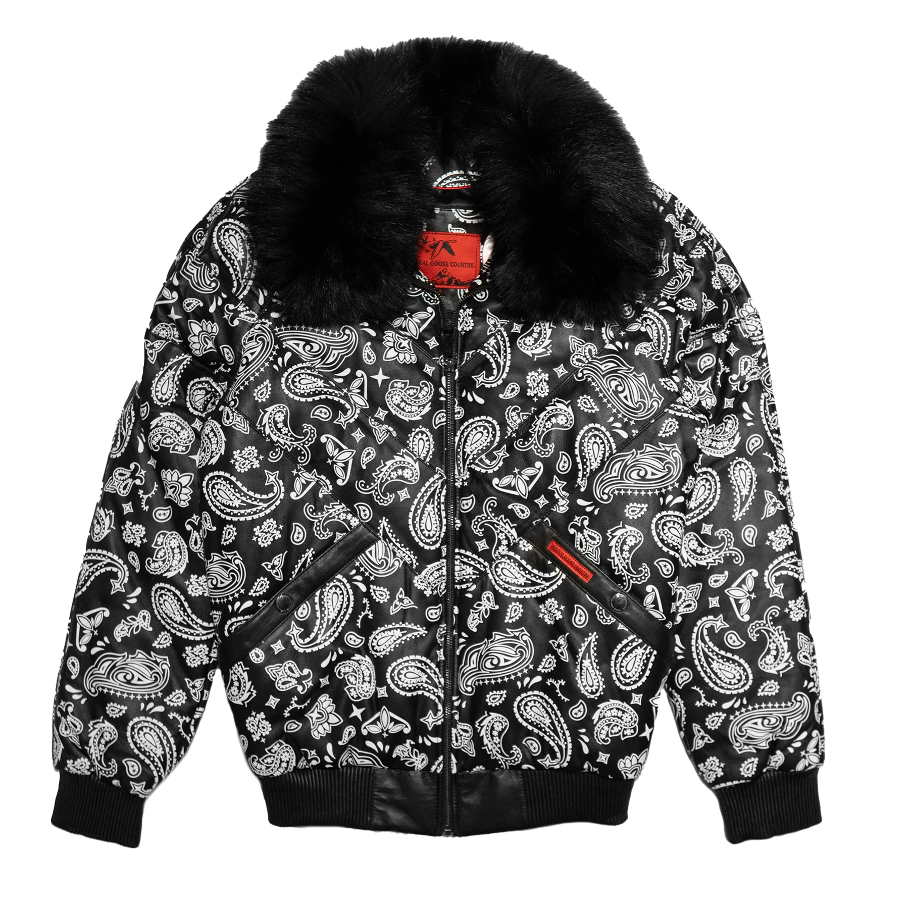 Goose Country Black Paisley Bomber Jacket with Fox Fur Collar