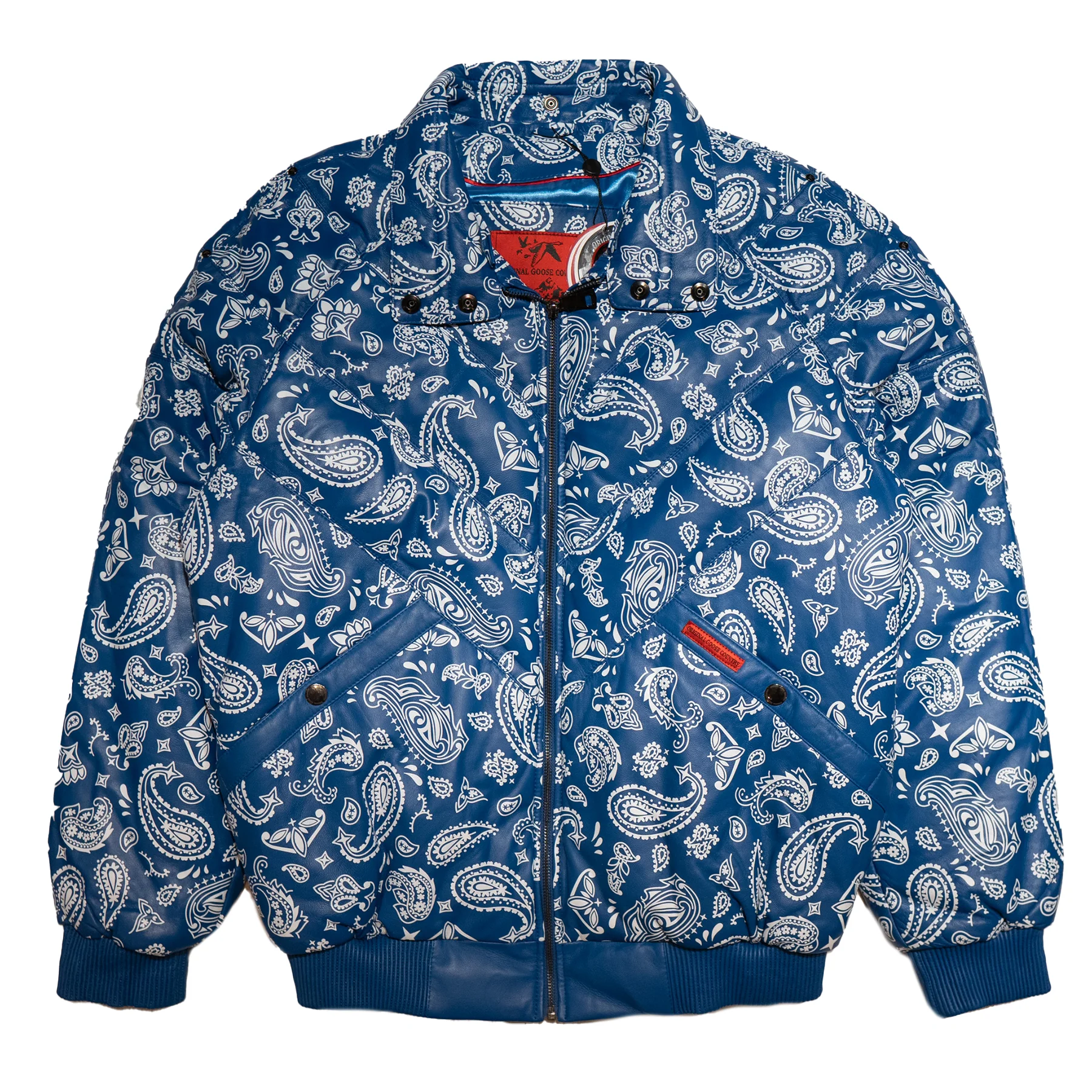 Goose Country Blue Paisley Bomber Jacket with Fox Fur Collar - Image 2