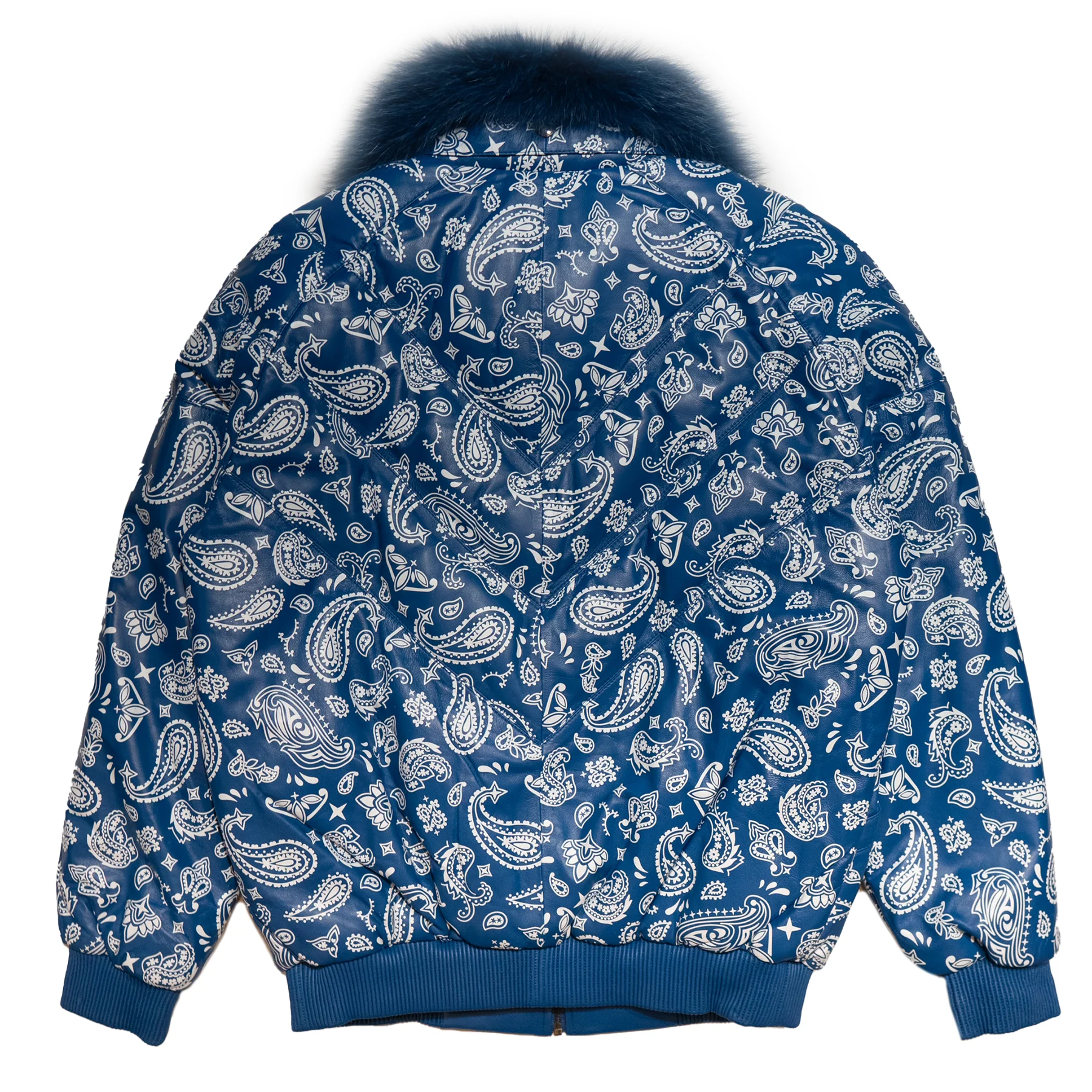 Goose Country Blue Paisley Bomber Jacket with Fox Fur Collar - Image 3