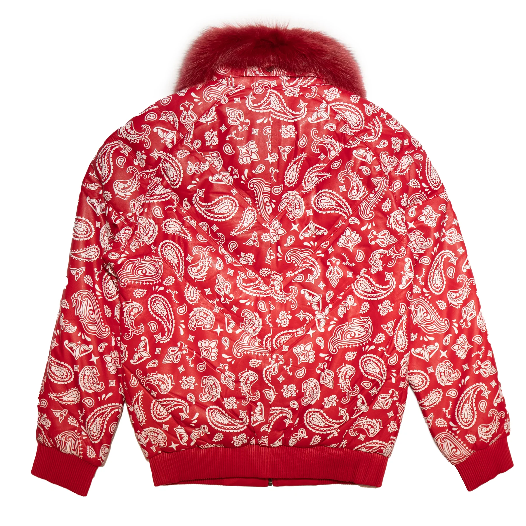 Goose Country Red Paisley Bomber Jacket with Fox Fur Collar - Image 3