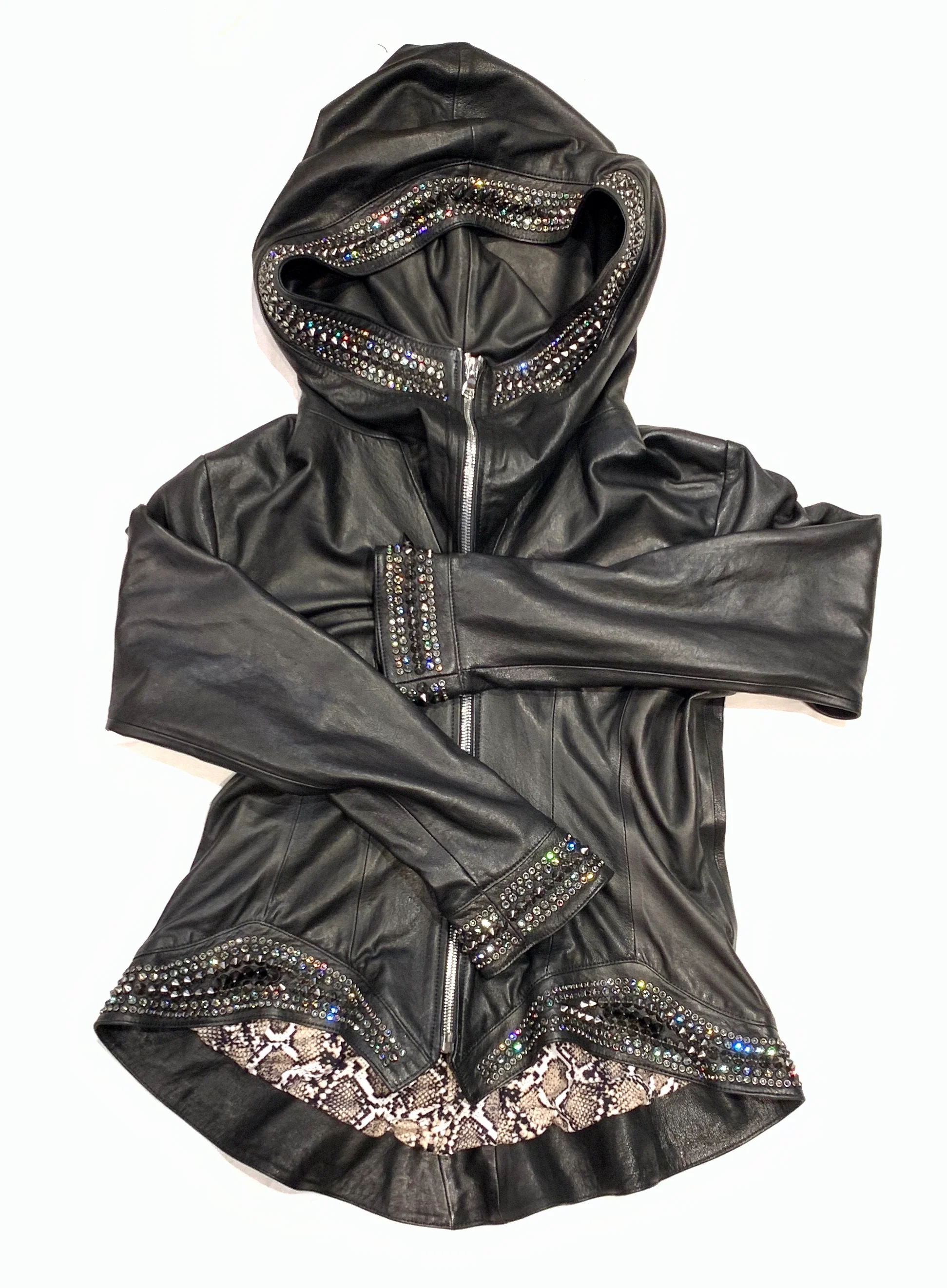 Hoss Couture Women's Swarovski Lambskin Leaf Studded Moto Jacket - Image 13