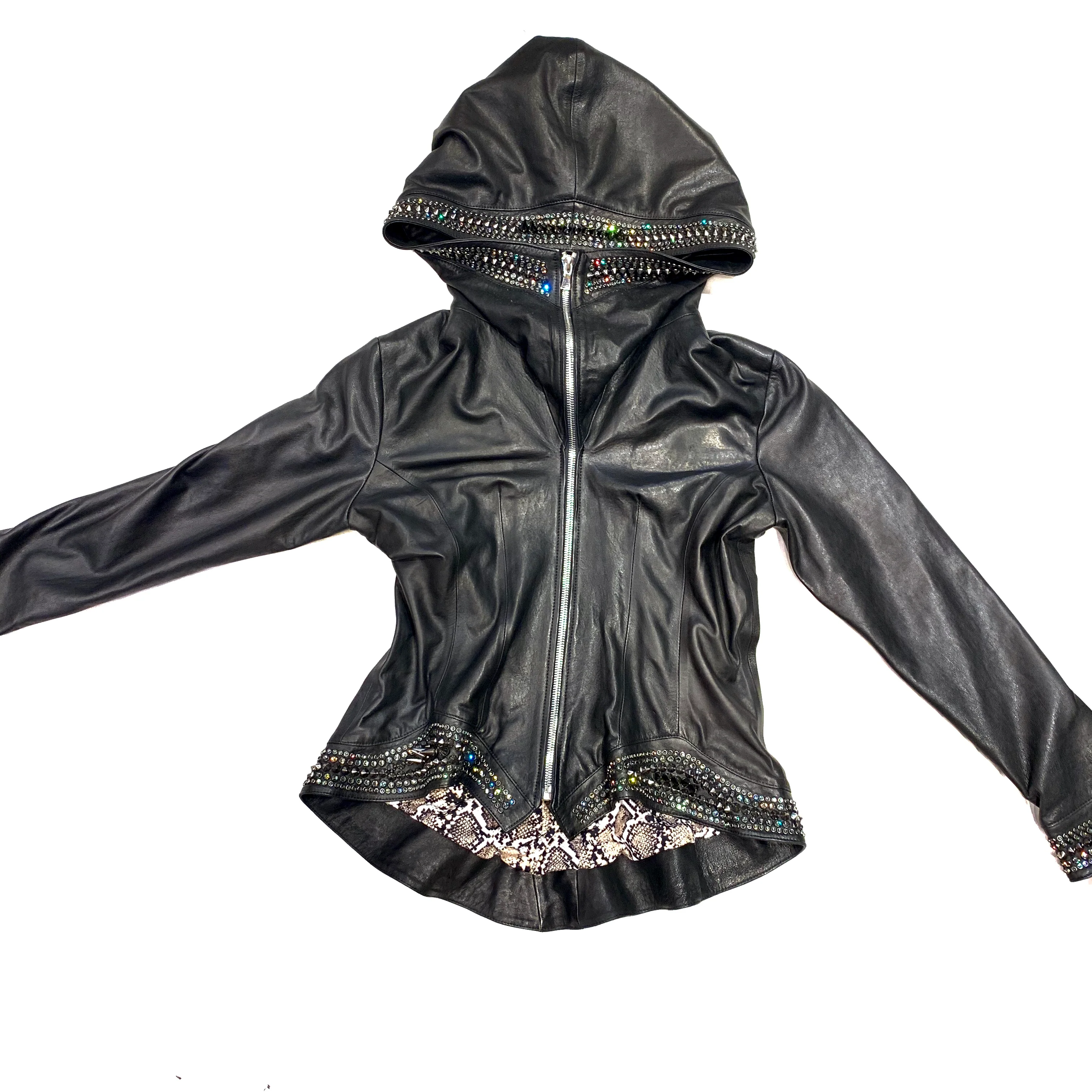 Hoss Couture Women's Swarovski Lambskin Leaf Studded Moto Jacket - Image 3