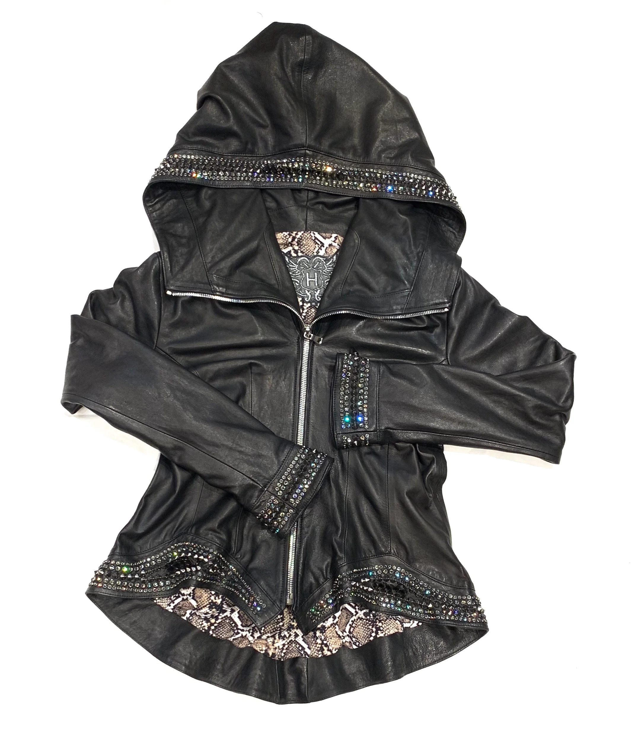 Hoss Couture Women's Swarovski Lambskin Leaf Studded Moto Jacket - Image 5