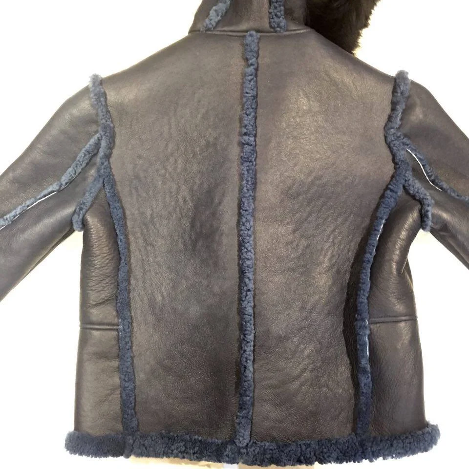Jakewood Navy Biker Style Shearling Jacket - Image 4