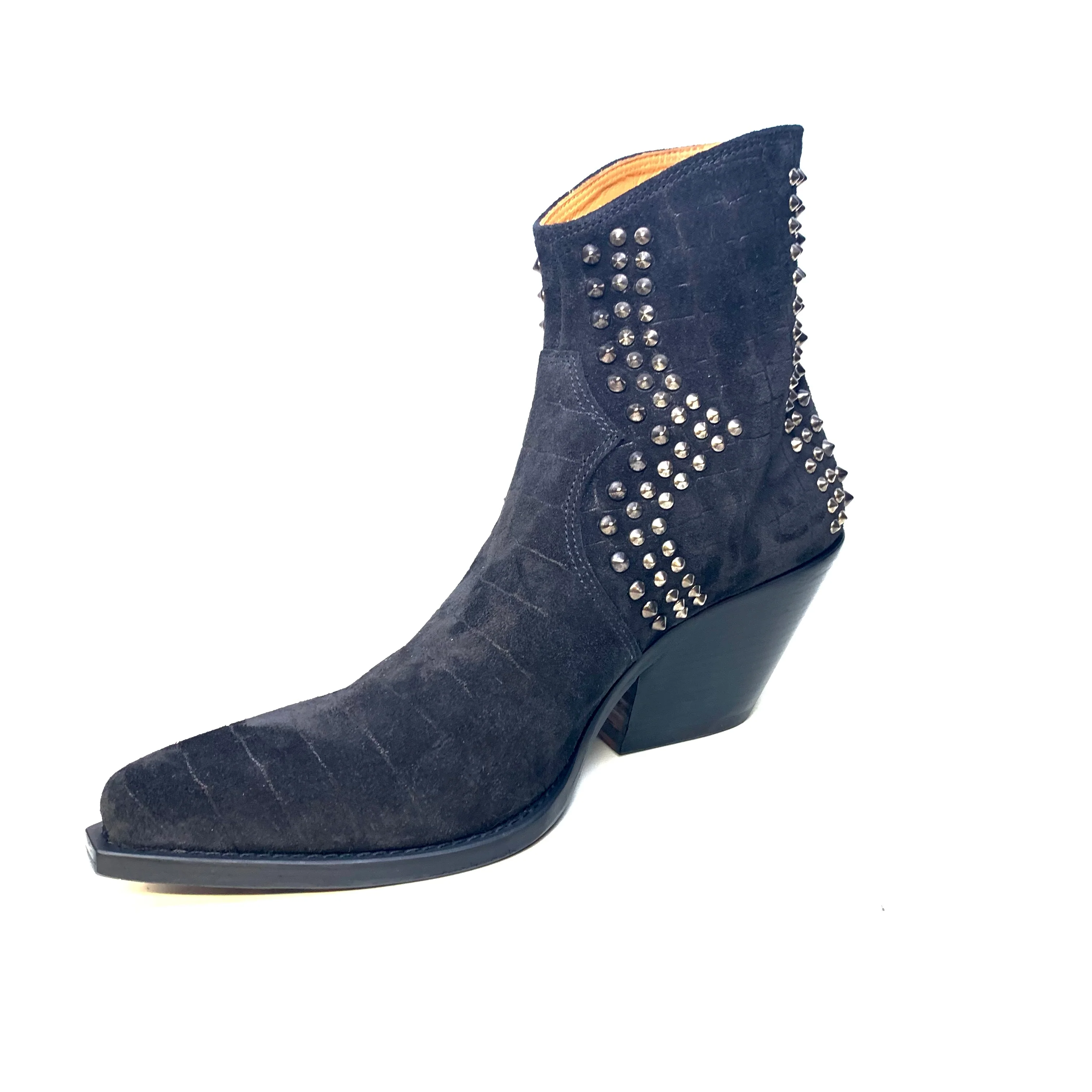 Jo Ghost Black Studded Suede Gator Embossed Ankle Boots - Image 2