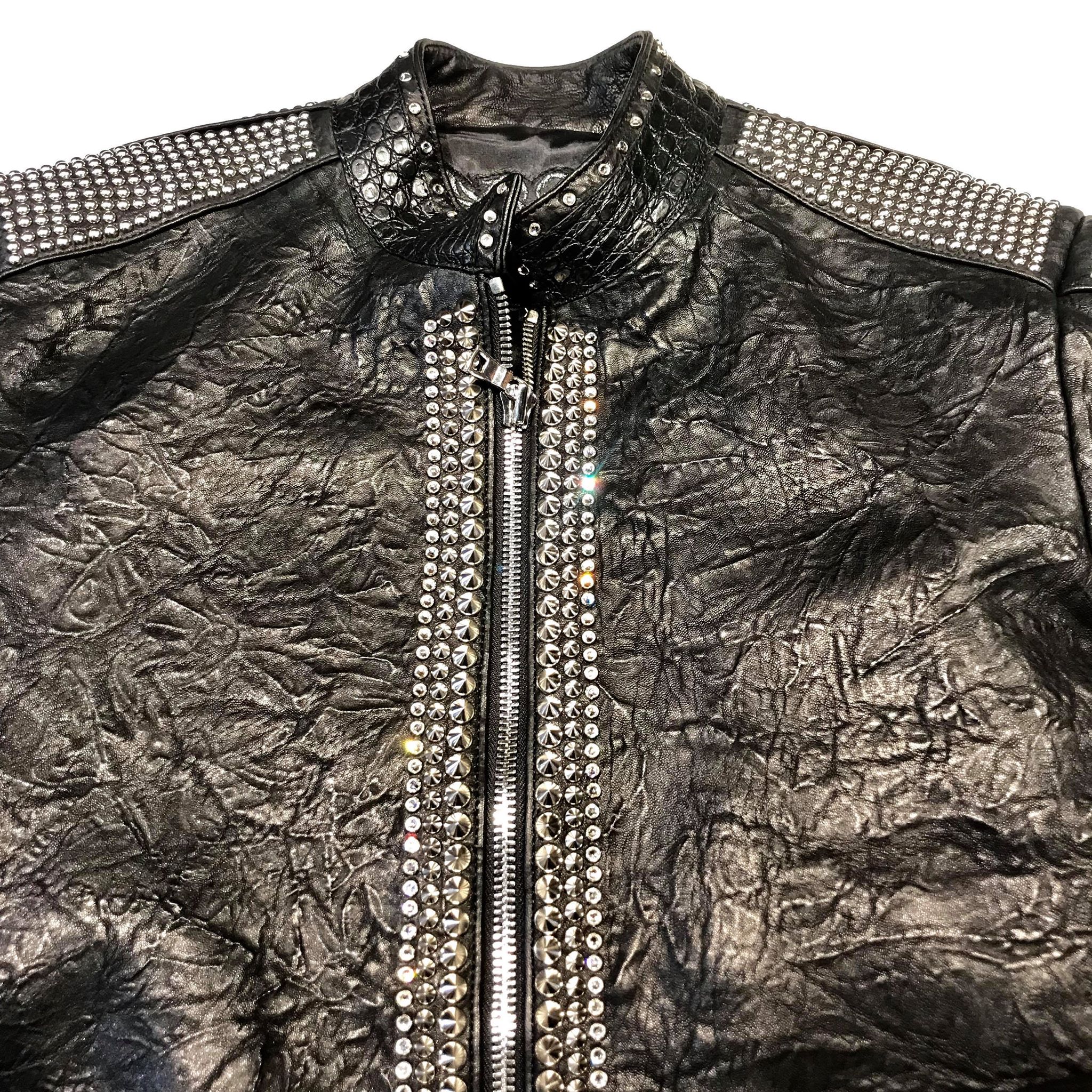 Kashani Alligator Studded Swarovski Lambskin Bomber Jacket - Image 14