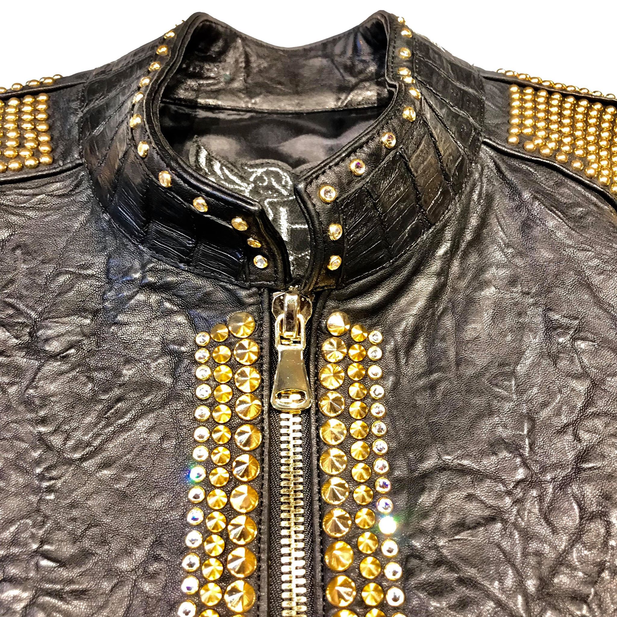 Kashani Alligator Studded Swarovski Lambskin Bomber Jacket - Image 4