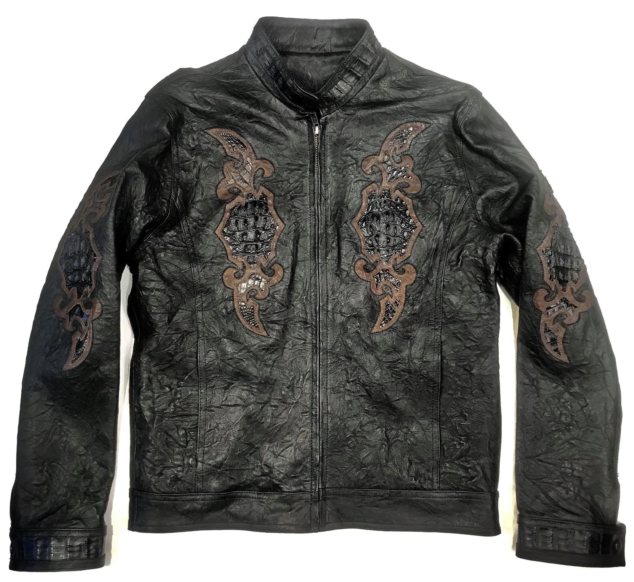 Kashani Black Horn-Back Alligator Stitched Bomber Jacket - Image 2