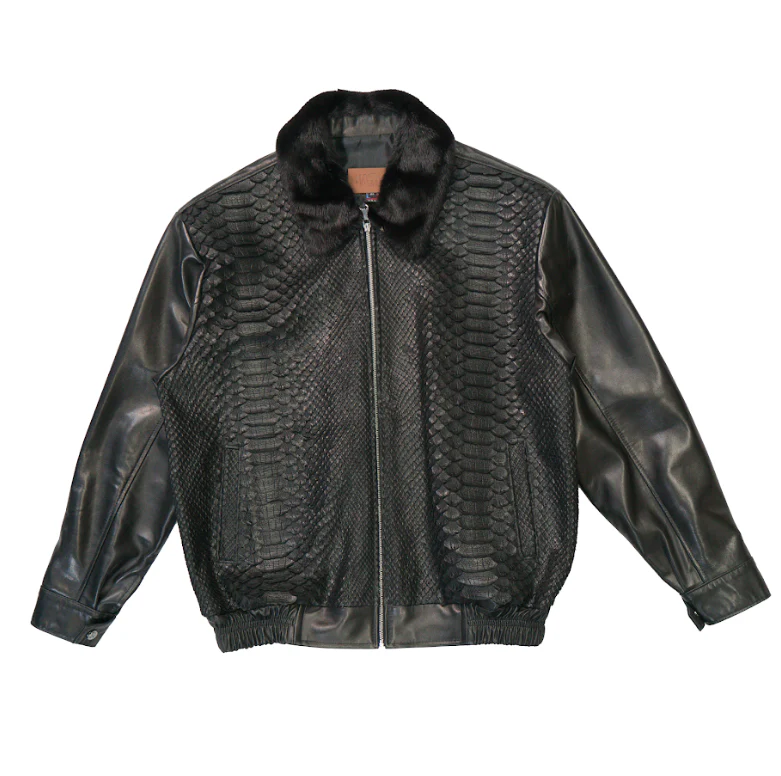 Kashani Black Dragon Python / Mink Collar Lambskin Bomber Jacket