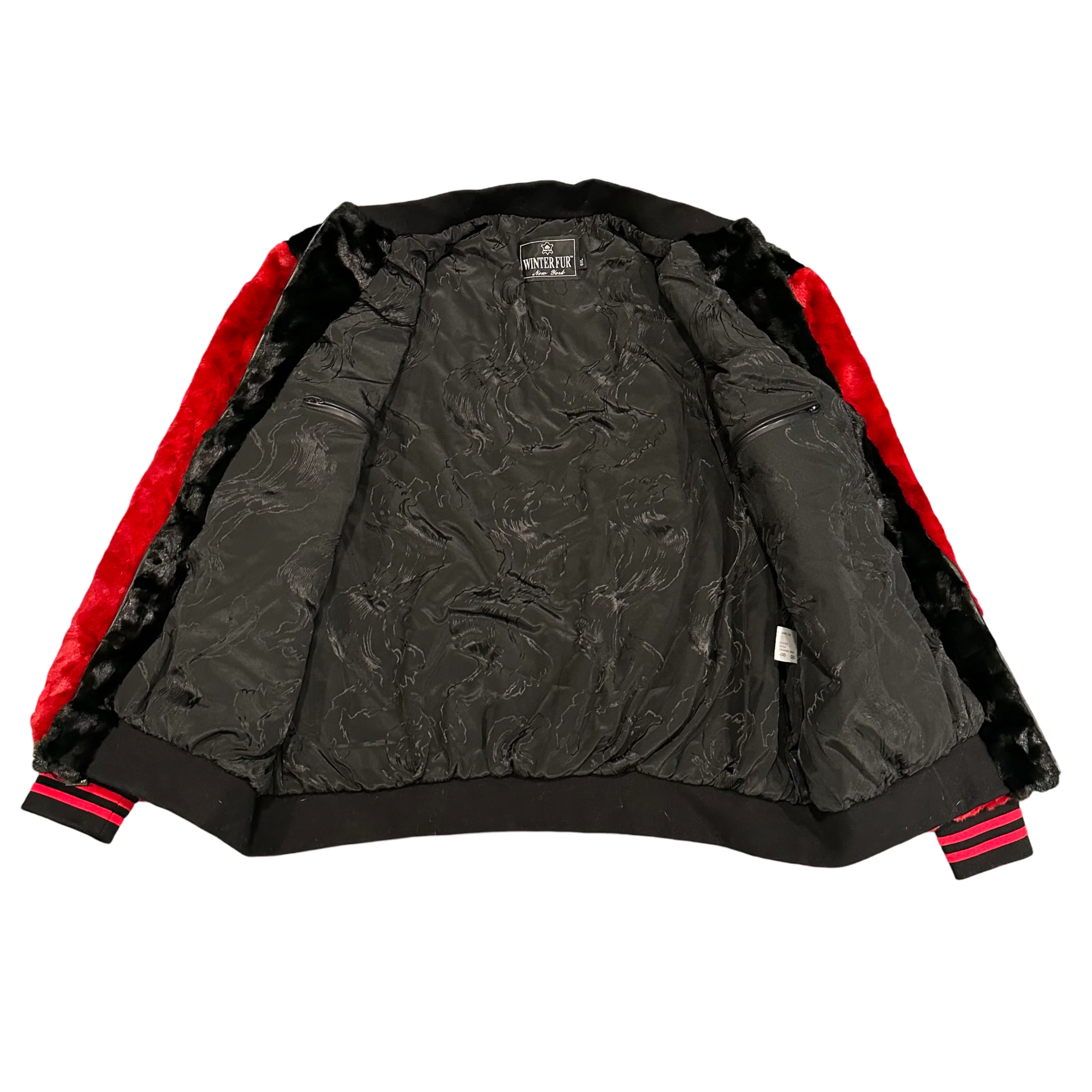 Kashani Black/Red Diamond Cut Mink Fur Bomber Jacket - Image 3