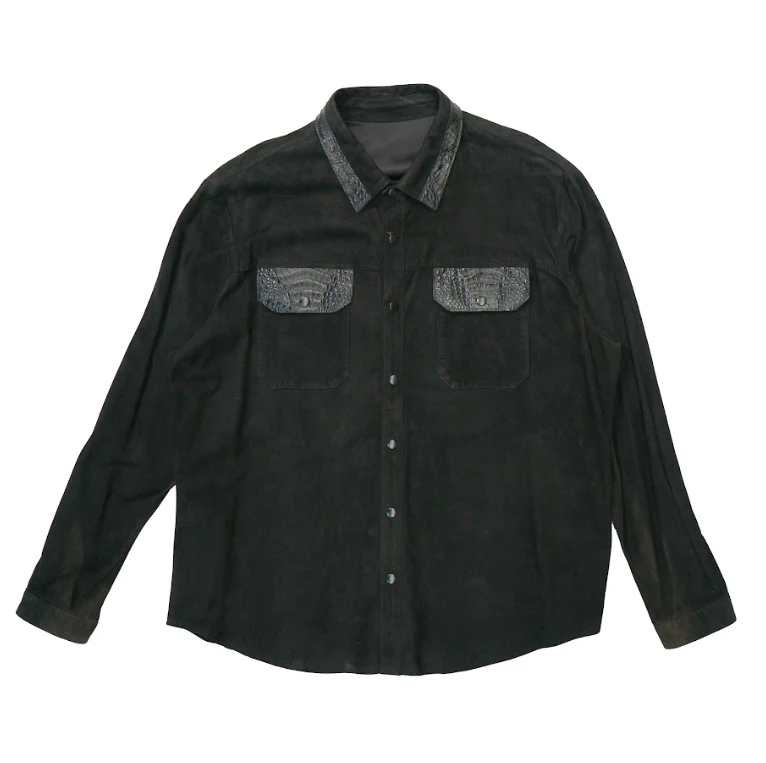 Kashani Black Suede Crocodile Trim Button Up Shirt