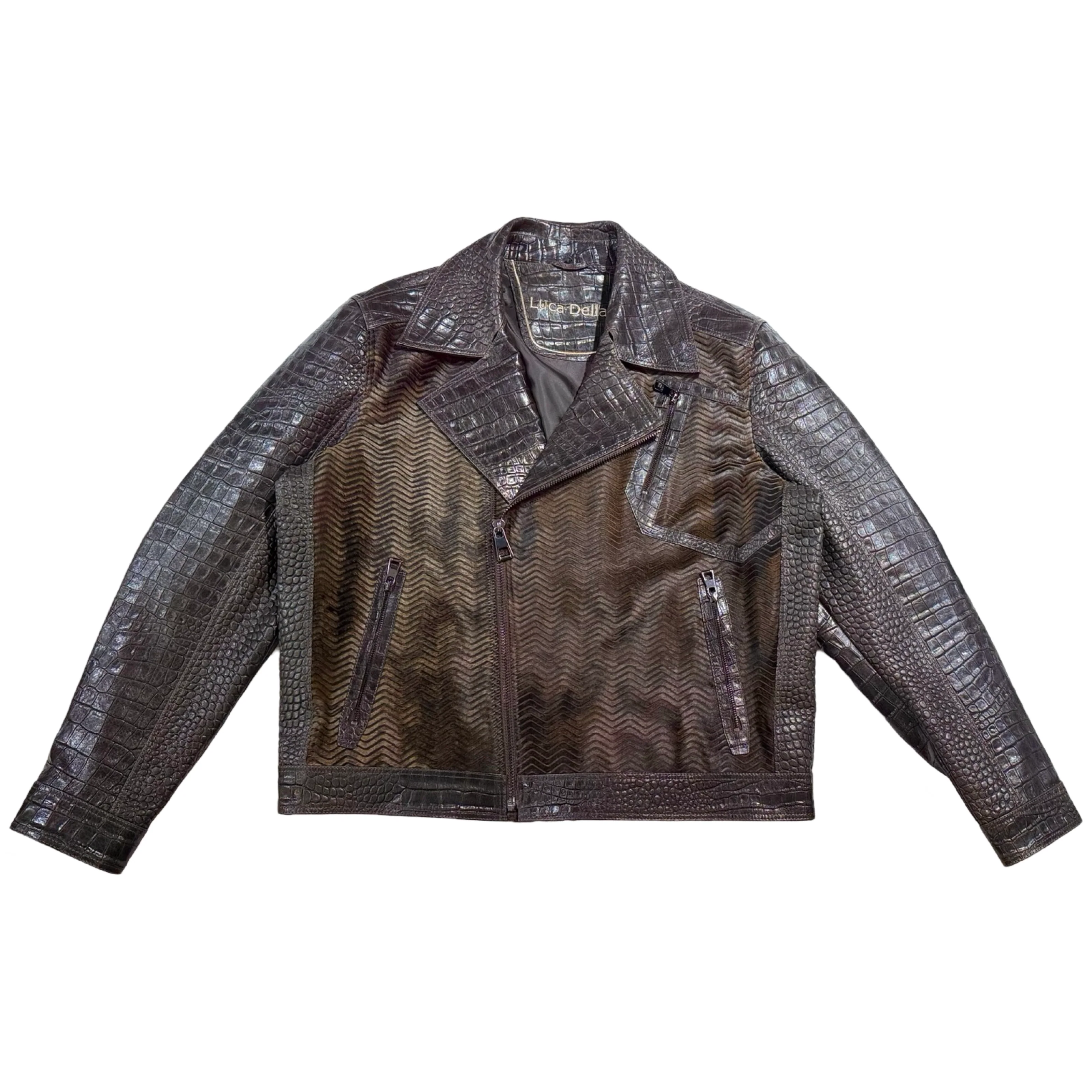 Kashani Brown Embossed Alligator & Cavallino Pony Hair Biker Jacket with Detachable Fox Fur Collar - Image 2