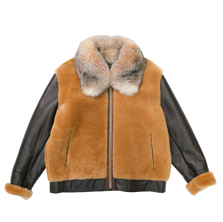 Kashani Brown Fox Fur Collar Mouton Fur Quilted Lambskin Jacket