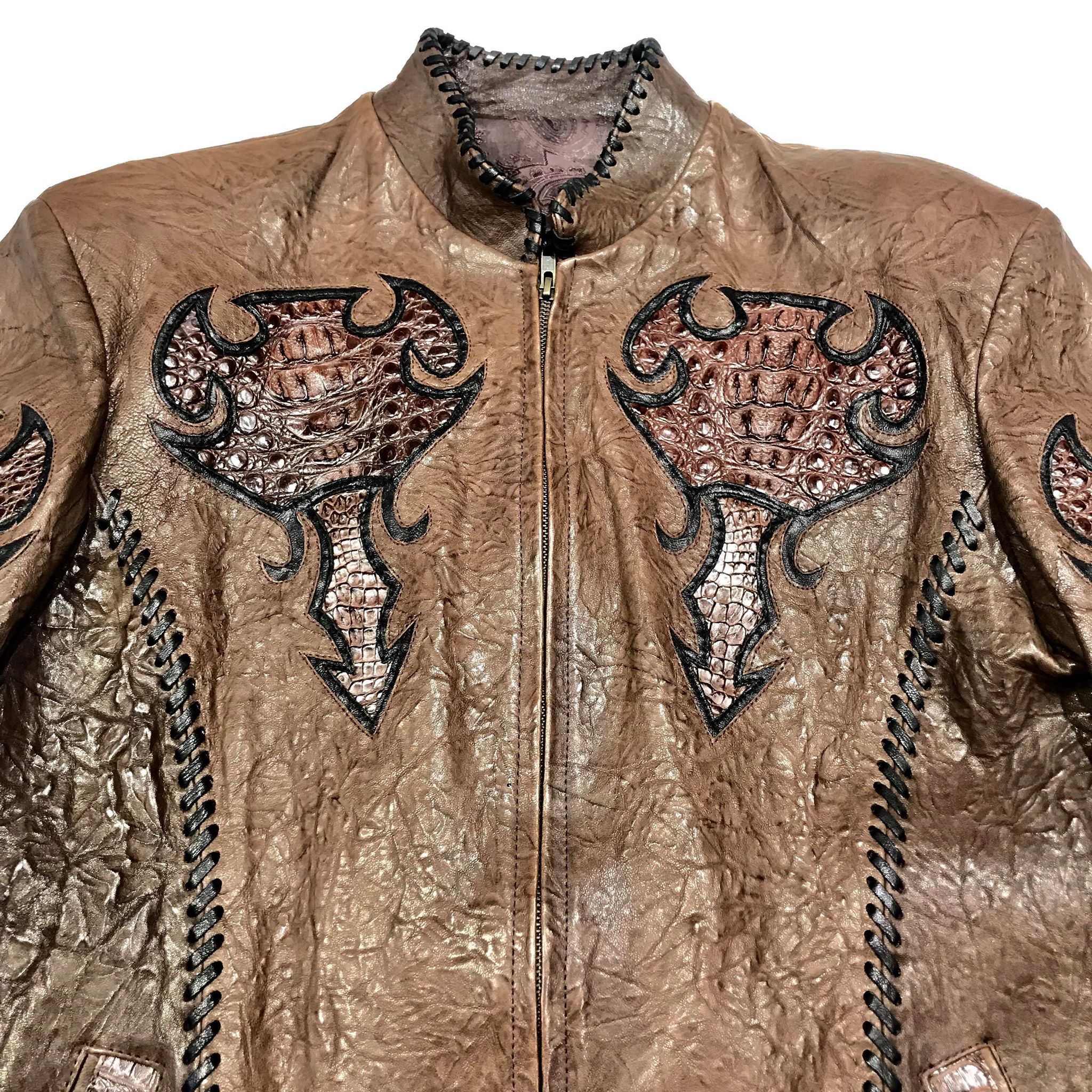 Kashani Brown Raw Laced Horn-Back Alligator Bomber Jacket - Image 3