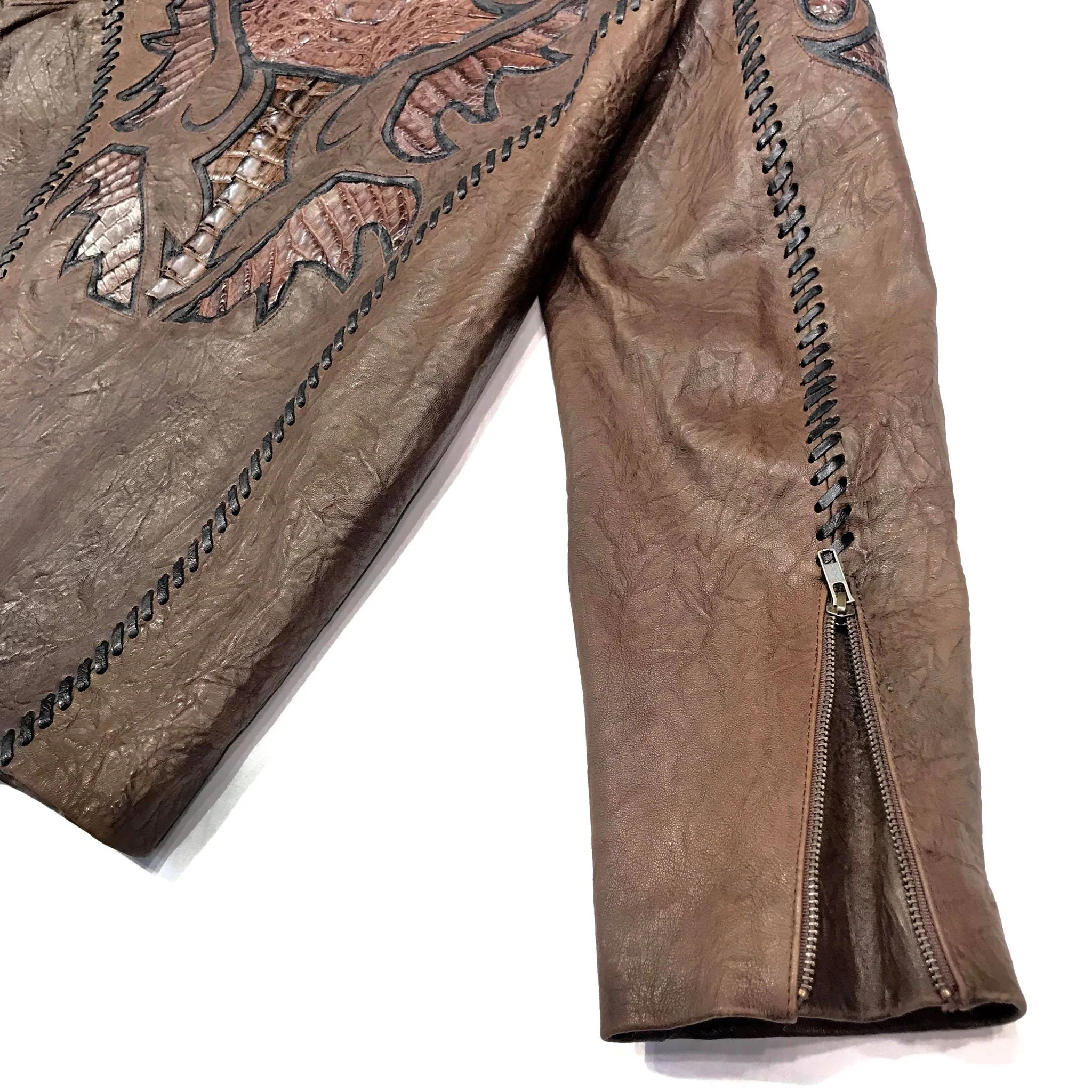 Kashani Brown Raw Laced Horn-Back Alligator Bomber Jacket - Image 4
