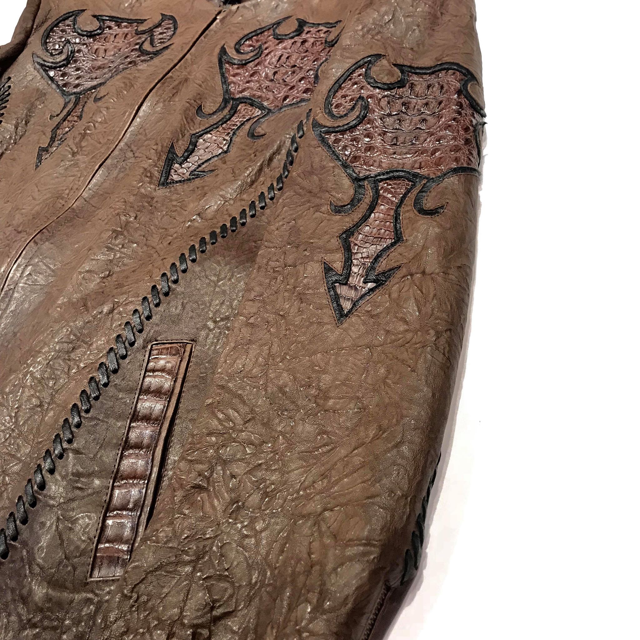 Kashani Brown Raw Laced Horn-Back Alligator Bomber Jacket - Image 5